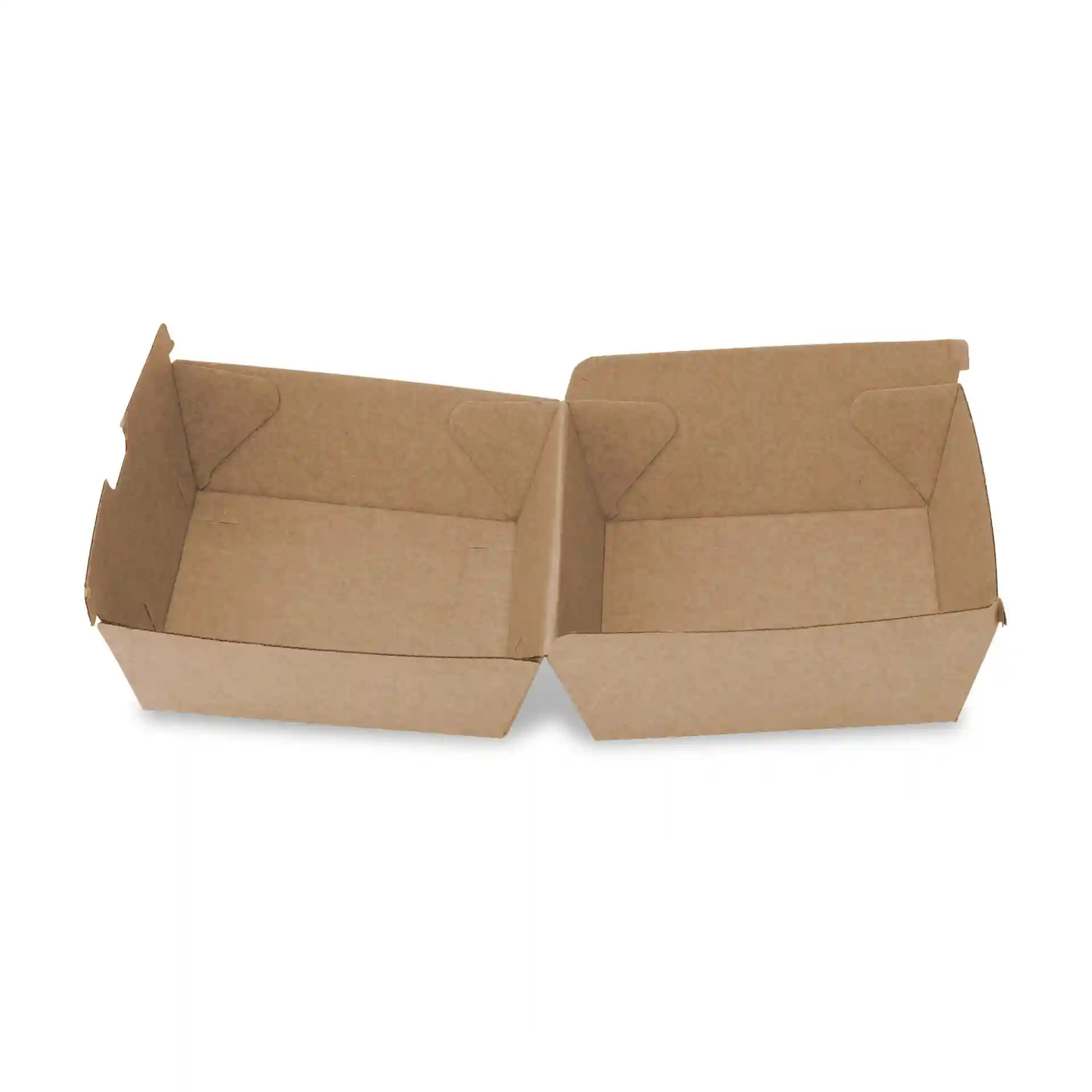 Brown cardboard burger box with a square shape, measuring 13 x 14 x 8 cm, shown in an open position.