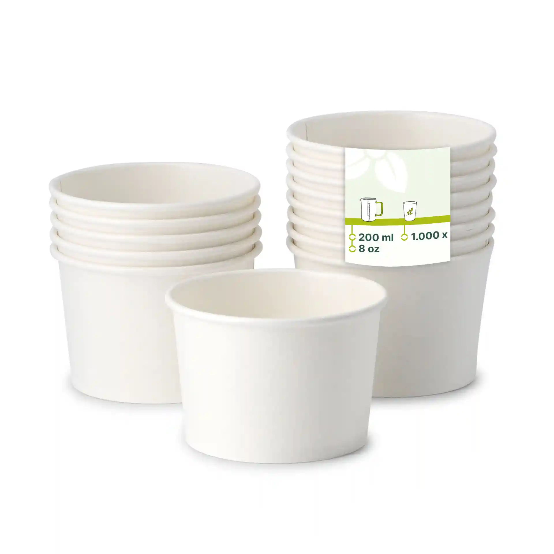 White cardboard soup cups stacked, with one cup in front and a label showing dimensions and volume.