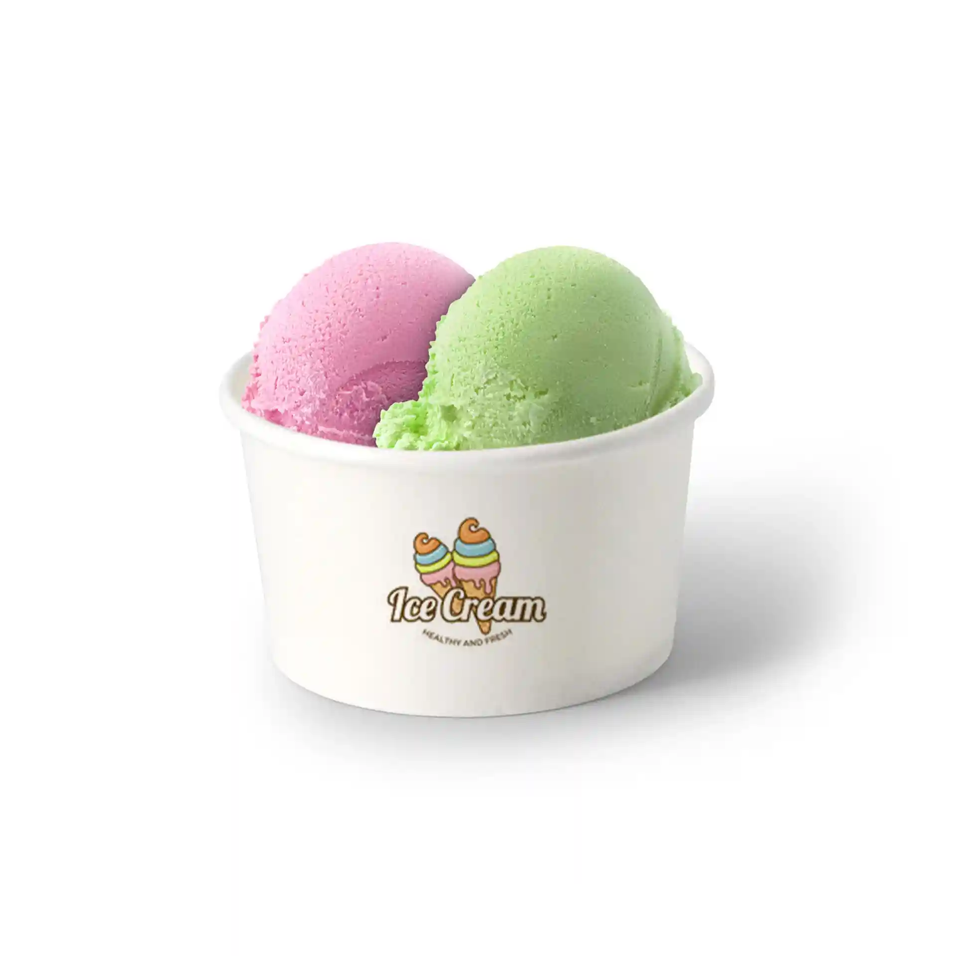 Cup containing two scoops of ice cream, one pink and one green, with a printed logo on a white paperboard cup.