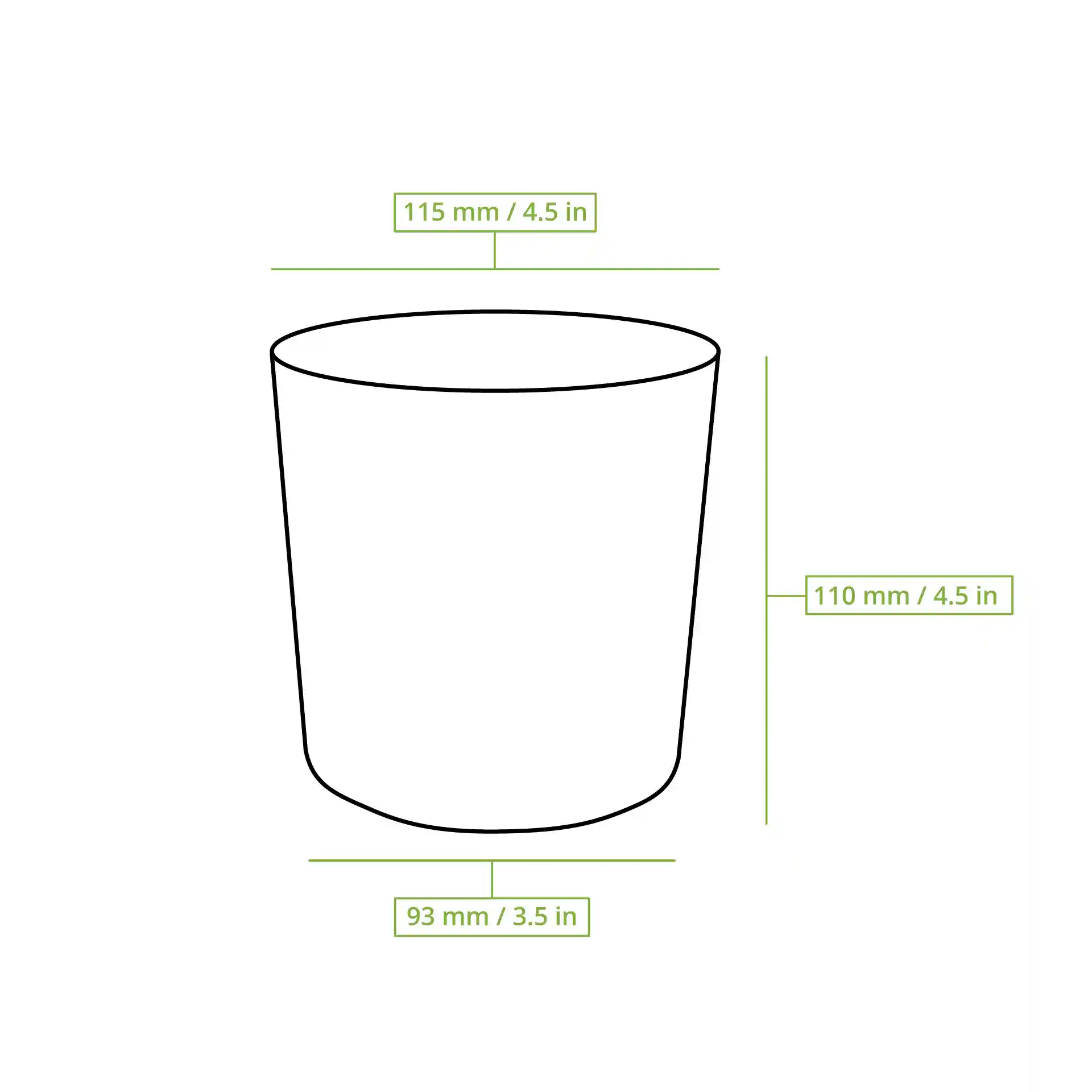 Schematic drawing of a white soup cup with dimensions: height 108 mm, top diameter 115 mm, bottom diameter 90 mm.