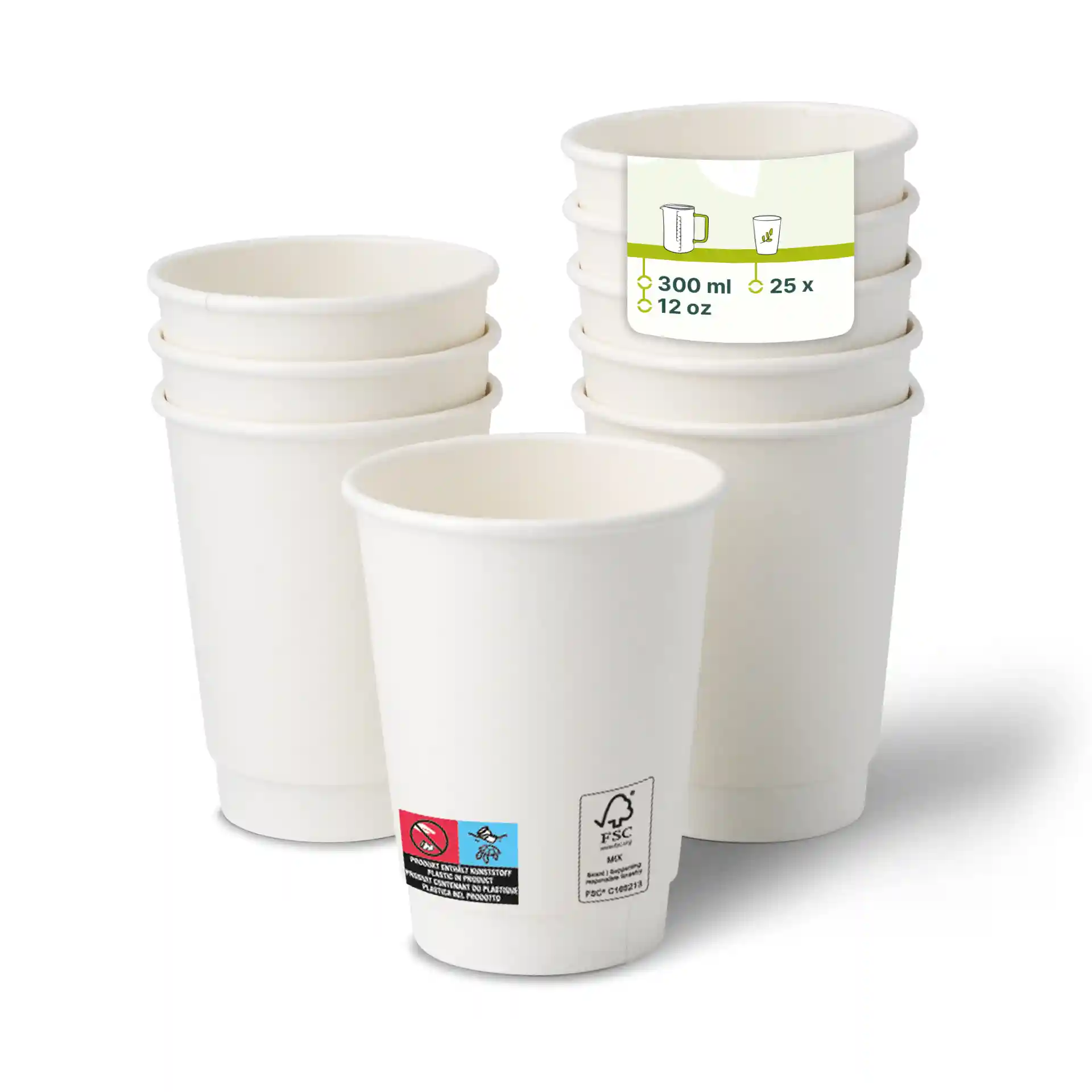 White double-walled cardboard coffee cups stacked, with one cup in front showing a label with markings.