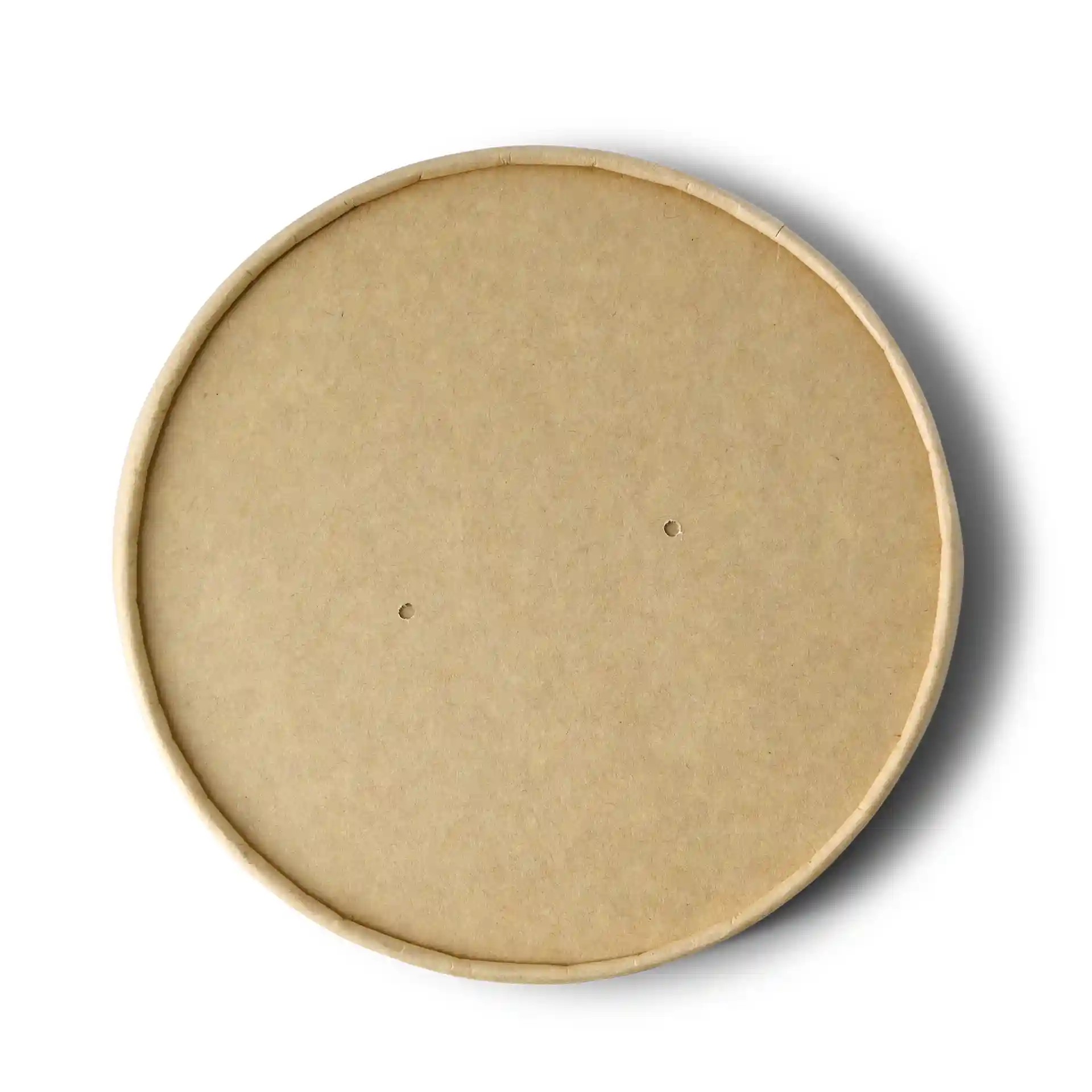 Runder Kartondeckel mit brauner Oberfläche und zwei kleinen Löchern, Durchmesser 150 mm.
