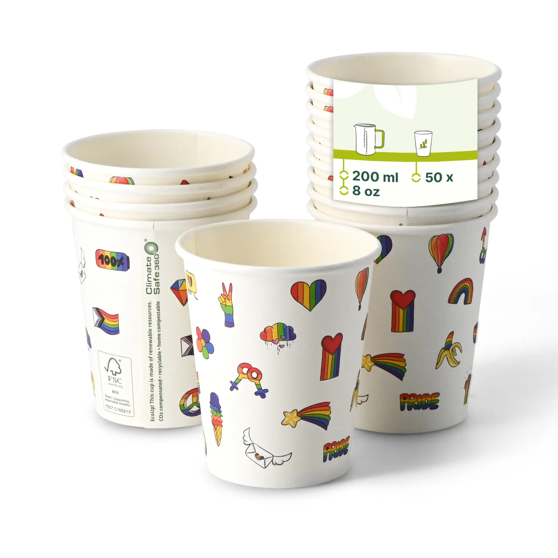 Pappbecher bedruckt "Pride" 200 ml / 8 oz, Ø 80 mm, weiß