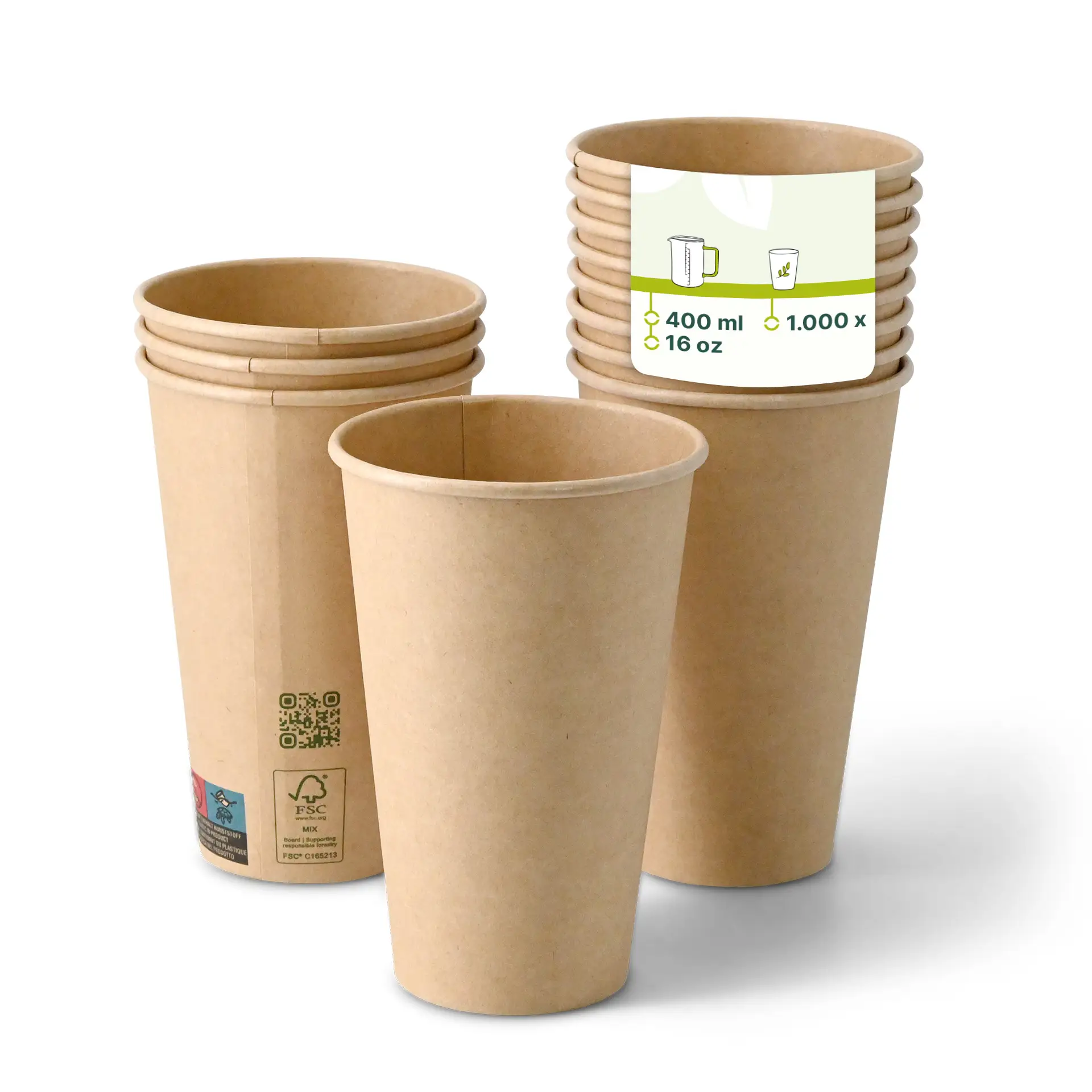 Single wall brown paper cup, 400 ml / 16 oz, PLA-coated; several similar cups stacked with one in focus.