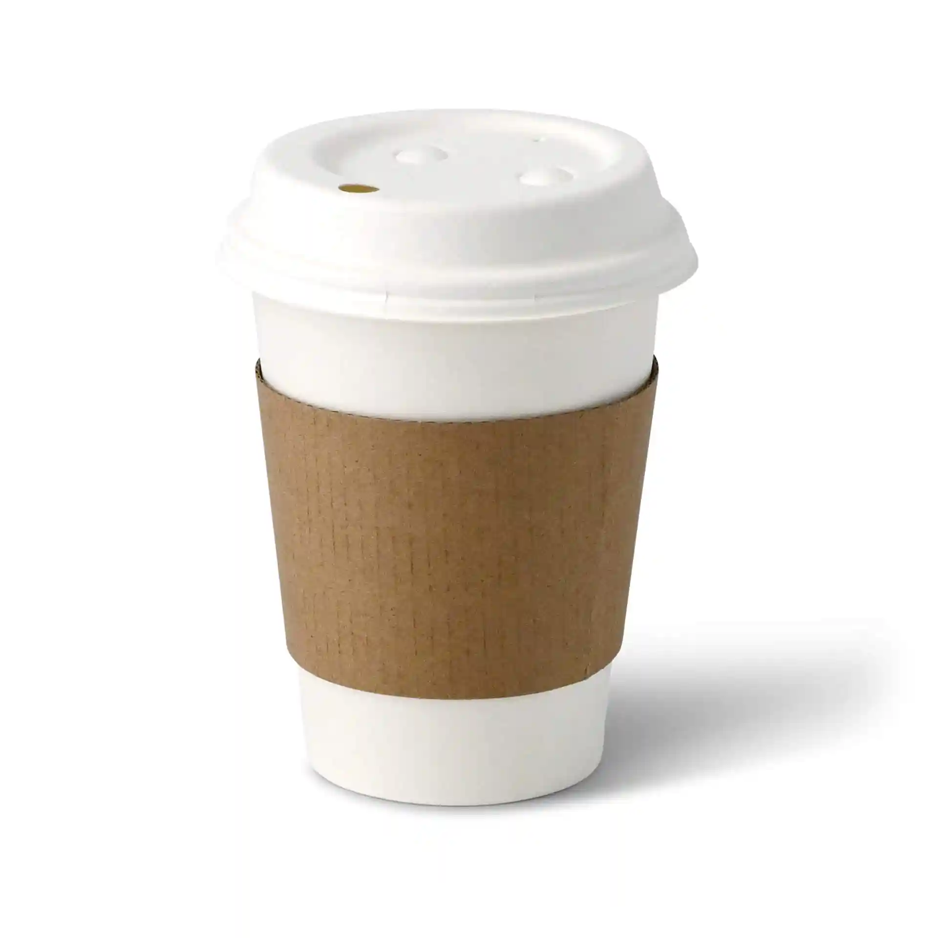 Brauner Pappbecher-Sleeve für 300/400/500 ml Papierbecher, gezeigt auf einem weißen Becher mit Deckel.