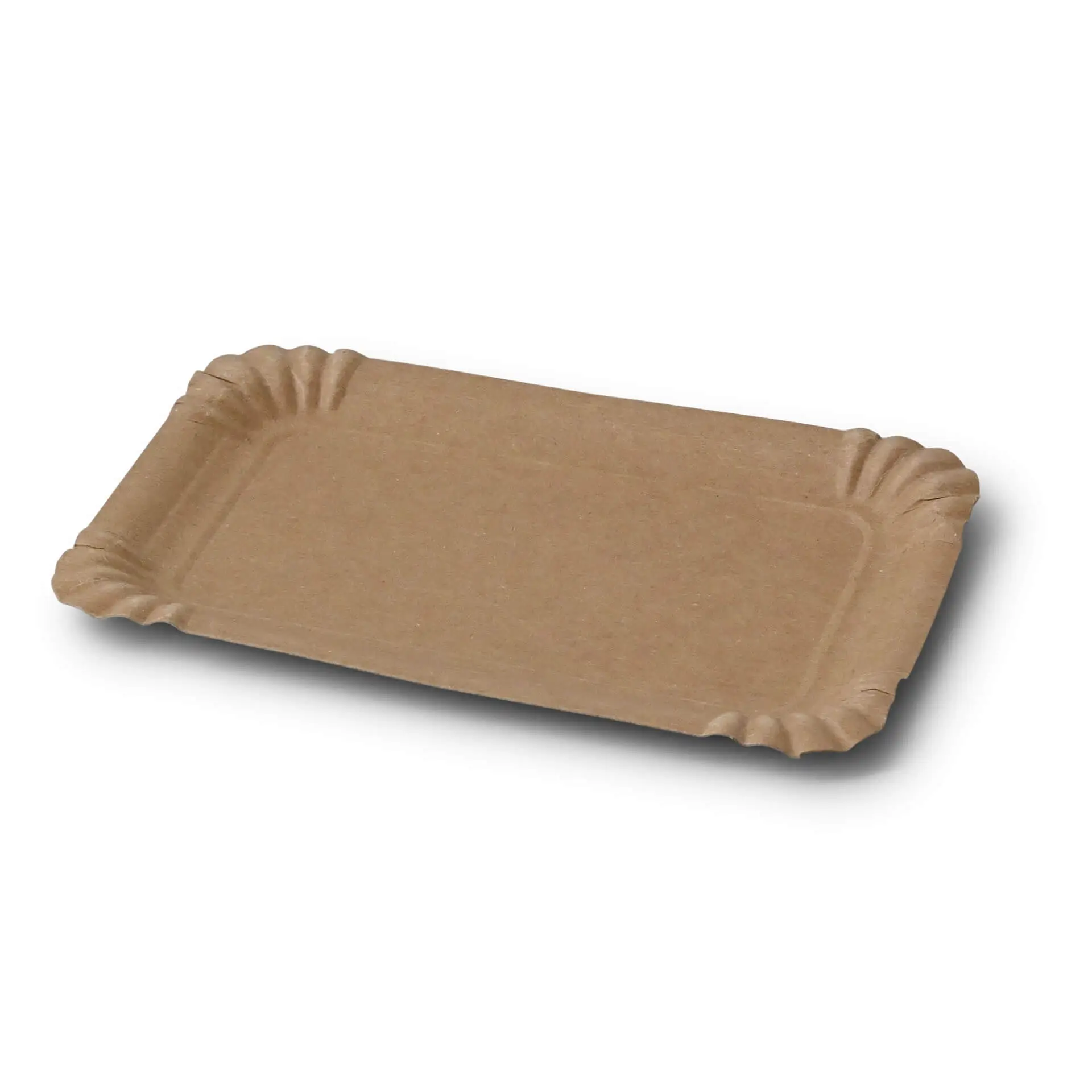 Braunes rechteckiges Pappgeschirr 10 x 16 cm mit gewellten Kanten und ohne Beschichtung.