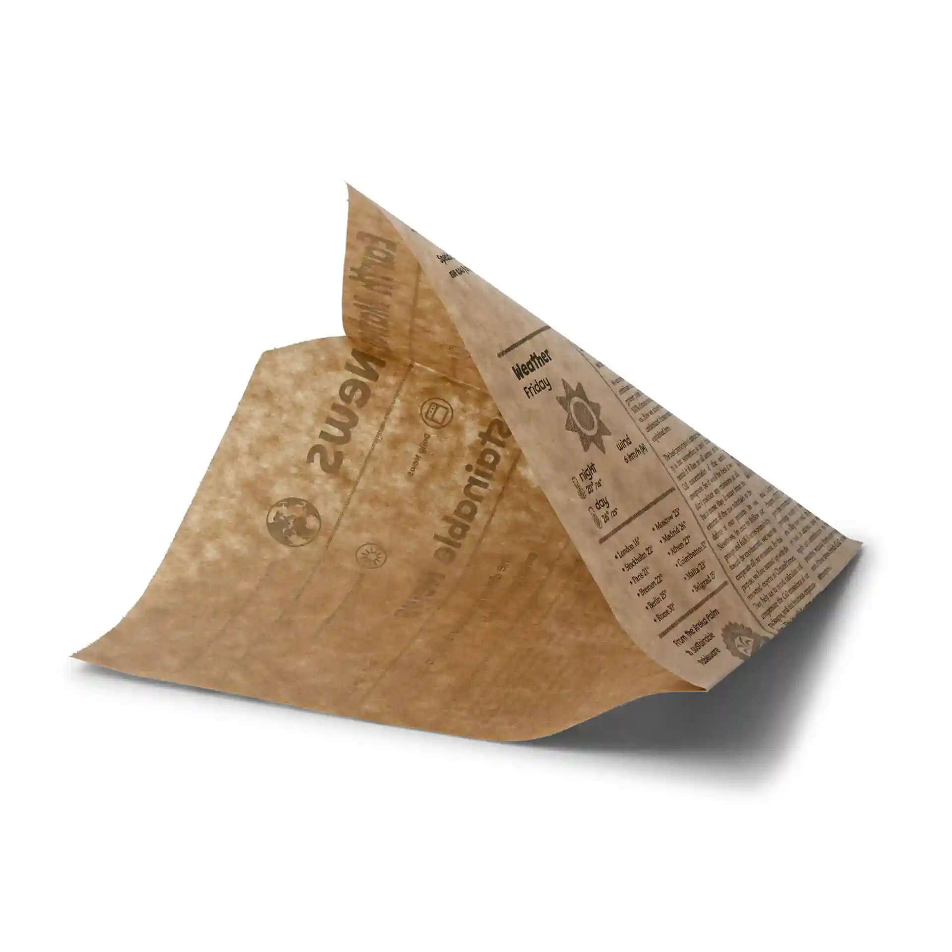 Brown paper burger bag with a newspaper print design, measuring 16 x 16 cm.
