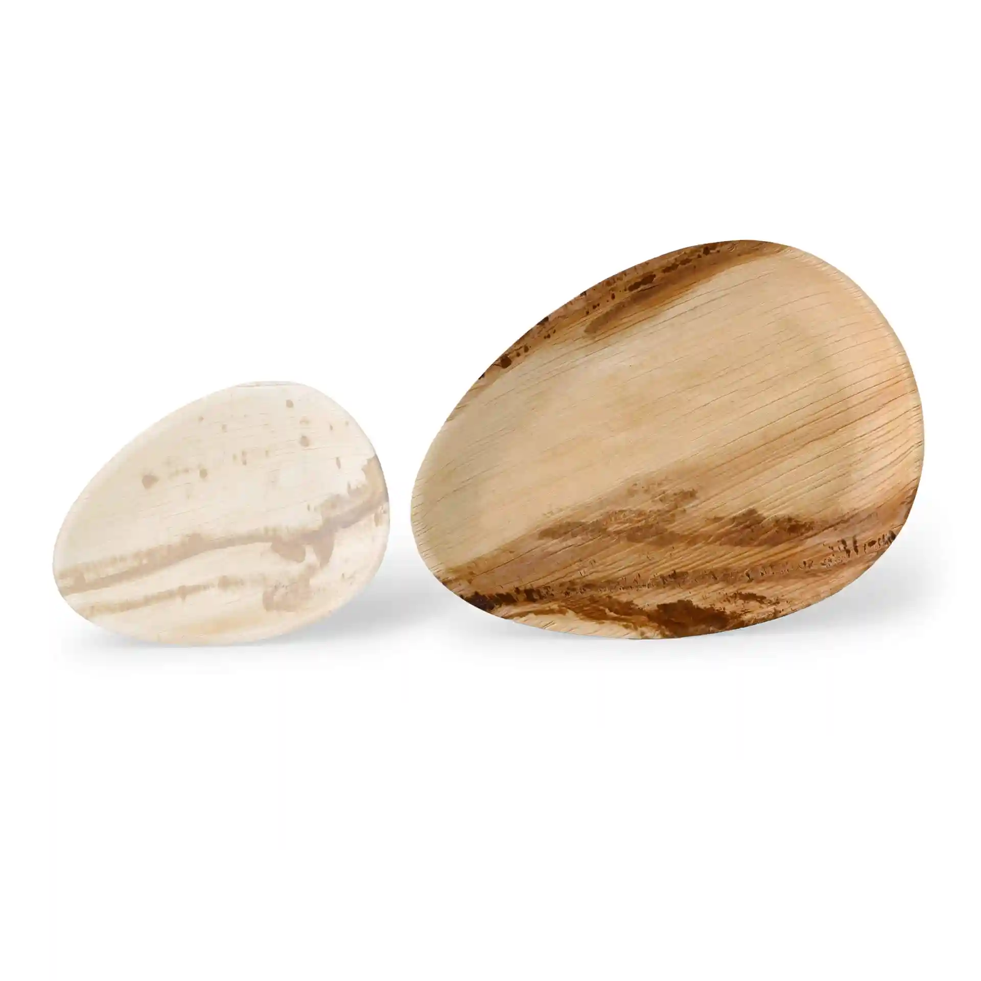 Two oval palm leaf plates in natural grain color, one larger and one smaller, displayed on a white background.