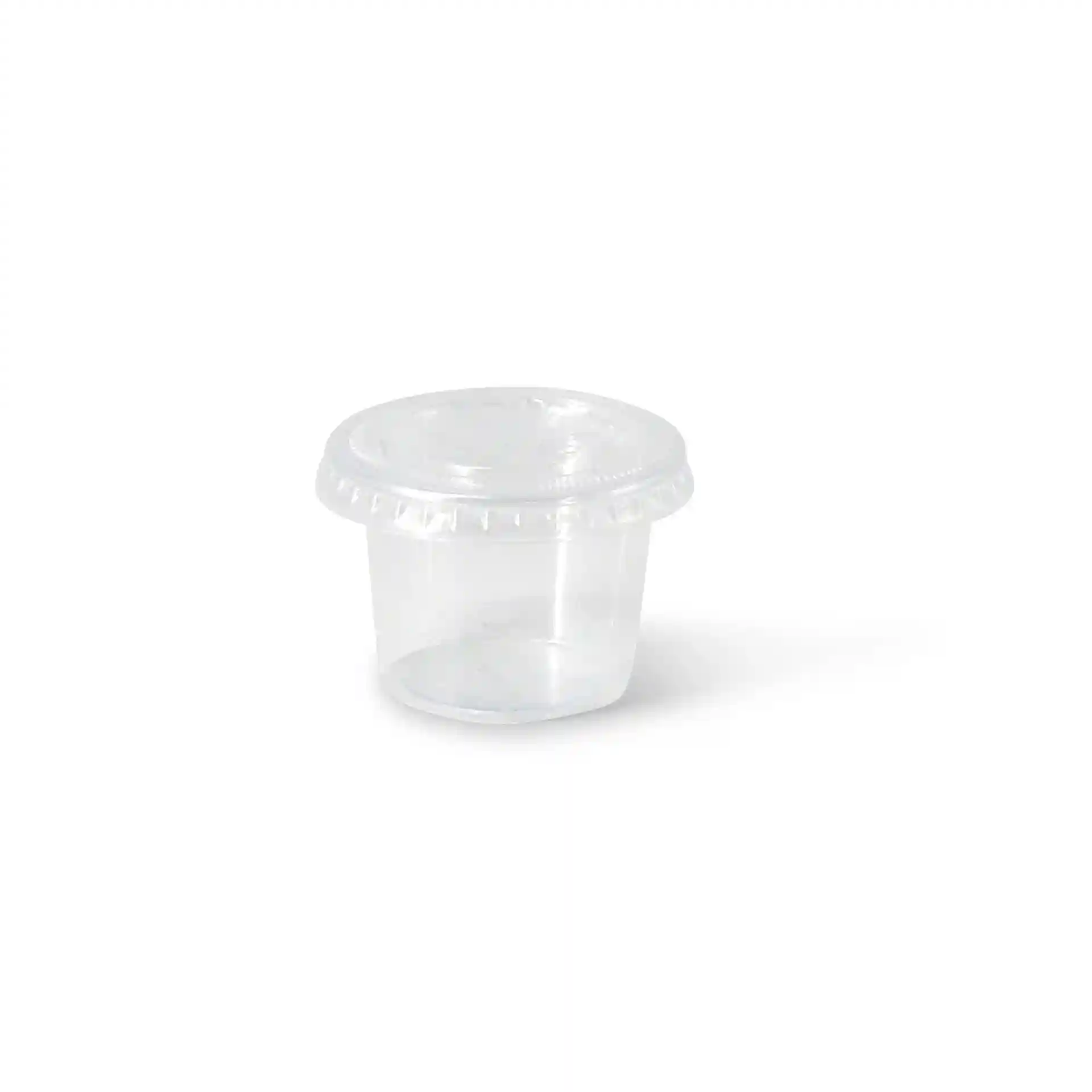 Transparenter PLA-Becher mit einem Durchmesser von 45 mm und einer Höhe von 30 mm.