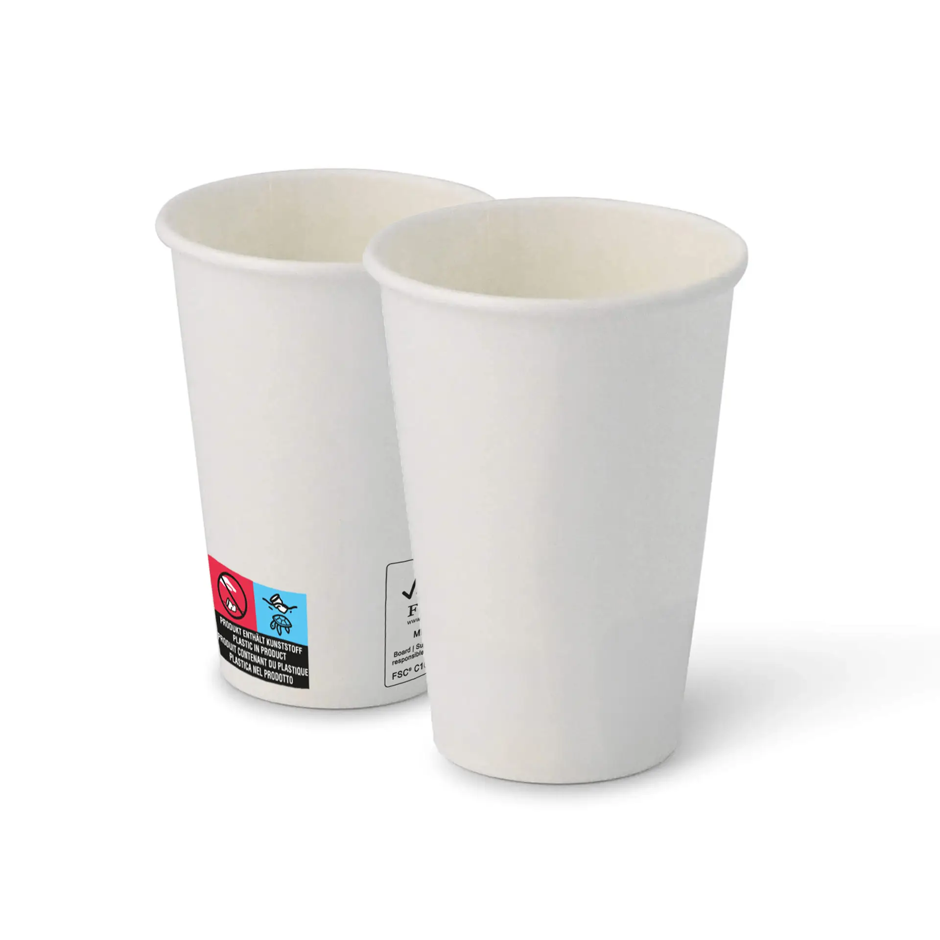 7,5 oz Becher für Verkaufsautomaten in Weiß, PE-beschichtet, mit klassischem Design; zwei Becher, einer im Fokus.