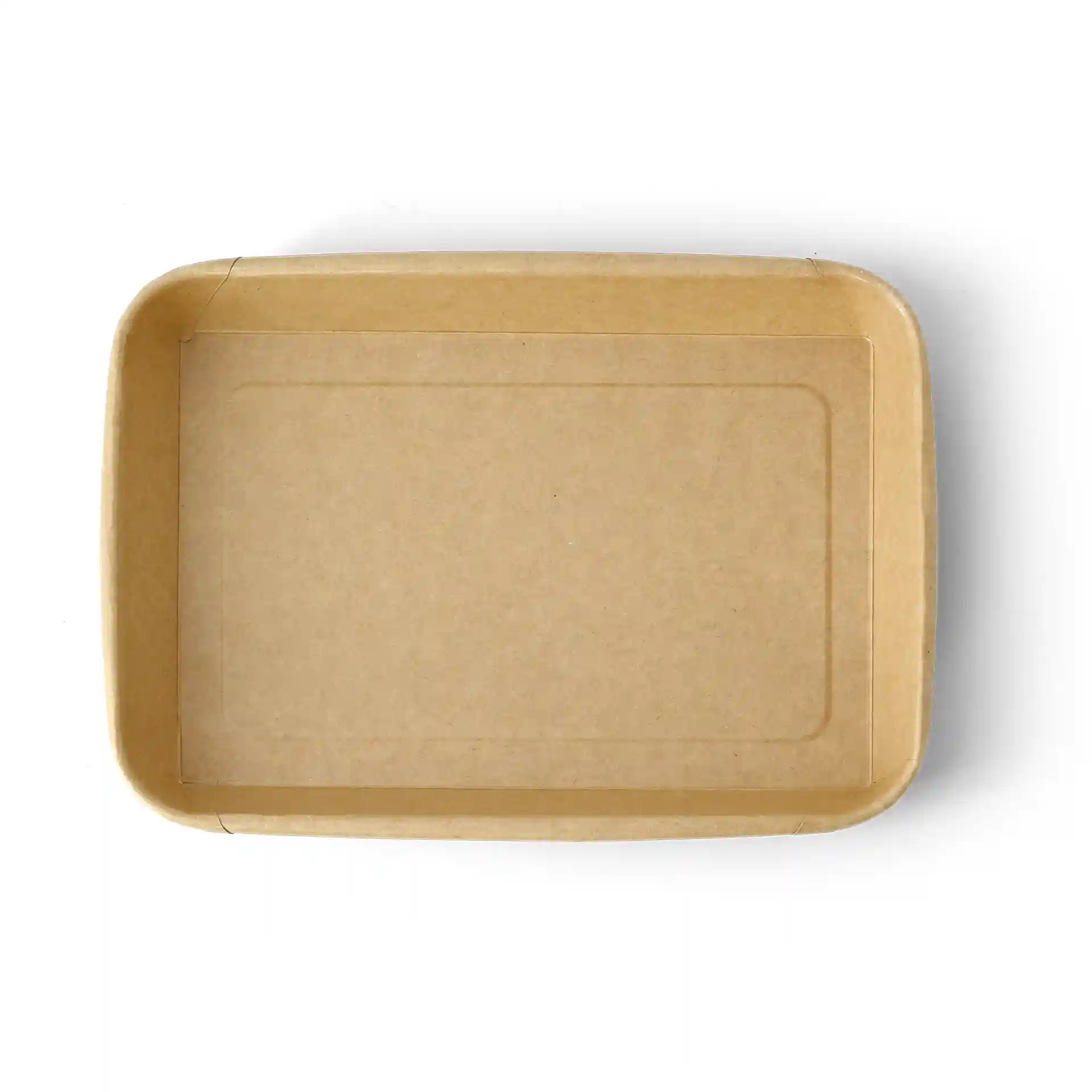 Brown rectangular sushi box, dimensions 22 x 14 x 2.5 cm, with a smooth surface and slightly raised edges.