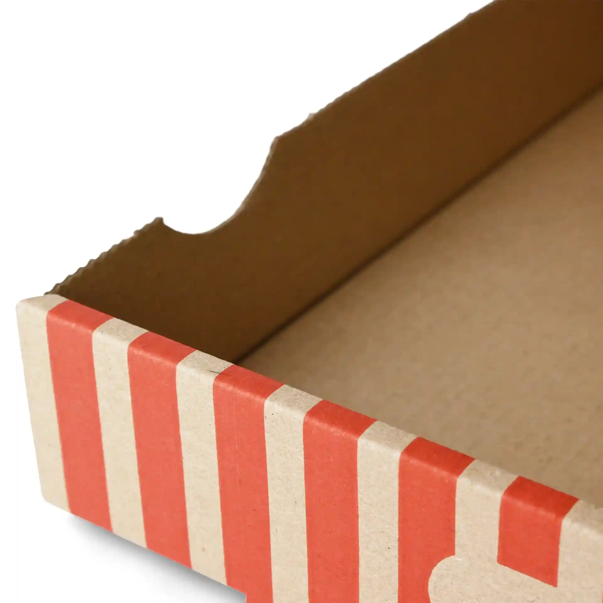 Cardboard pizza box with a brown interior and red and white striped design on the exterior.