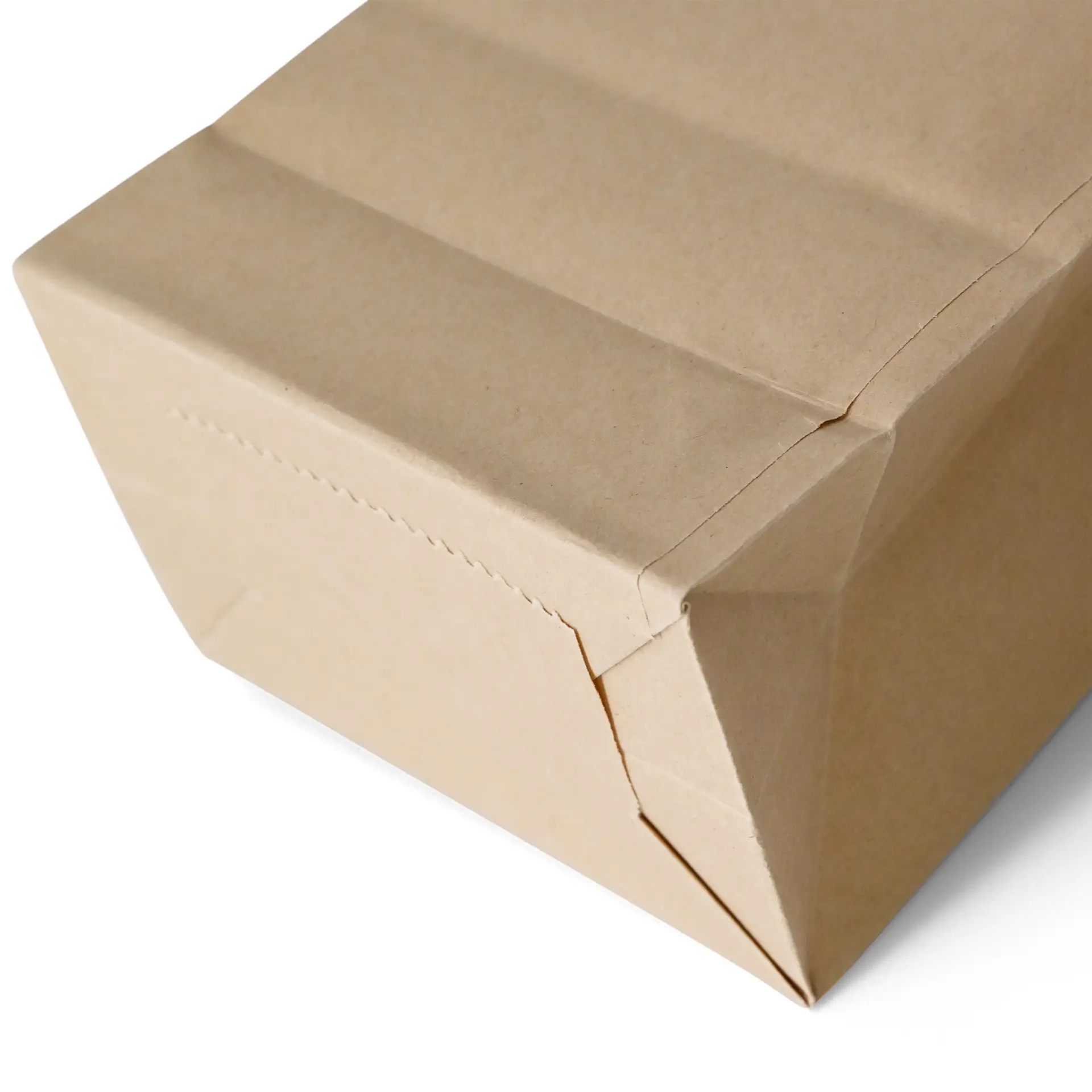 Brown kraft paper block bottom bag with a window, featuring a tin tie closure, shown from an angled view.