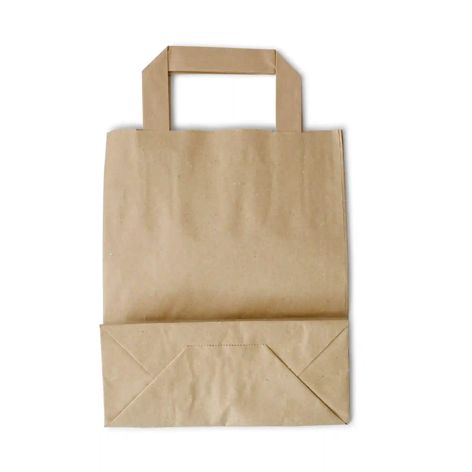 Brown paper carrier bag with a flat bottom and short handles, measuring 18 x 8 x 22 cm.