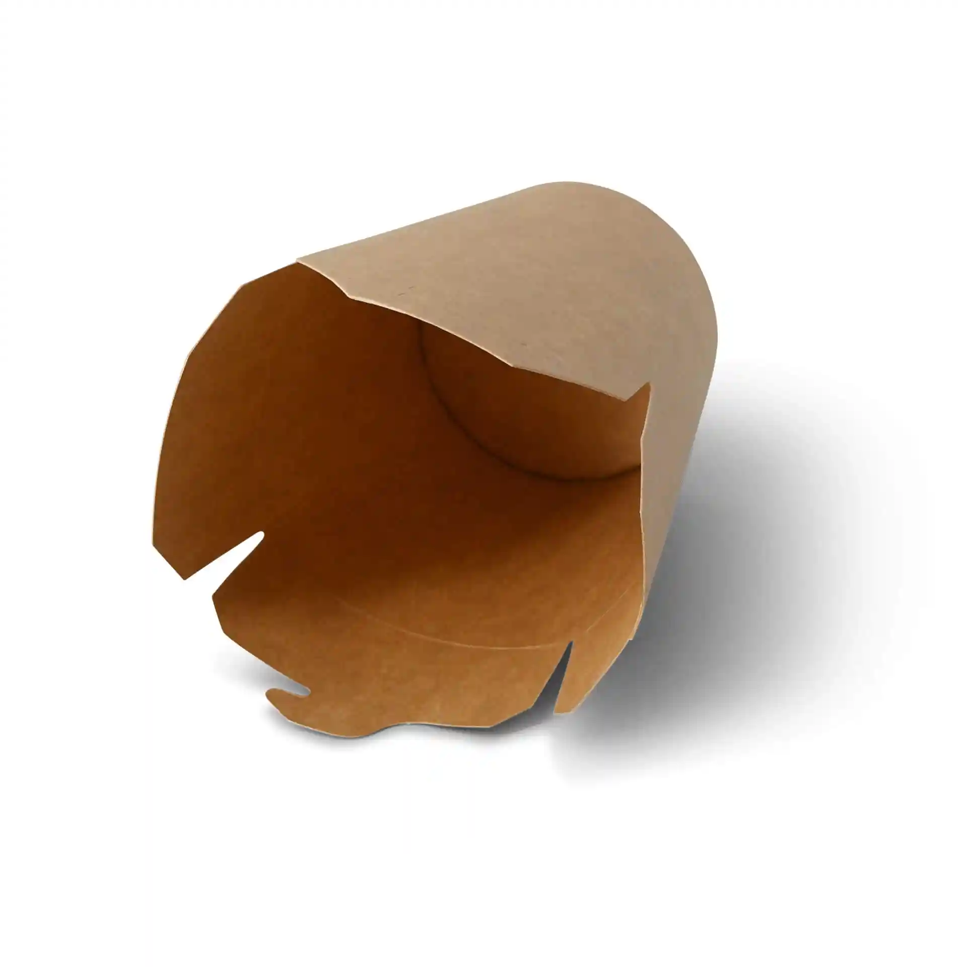 Braune Pappnudelbox mit offenem Deckel, die das Innere und die ausgestellten Kanten zeigt.