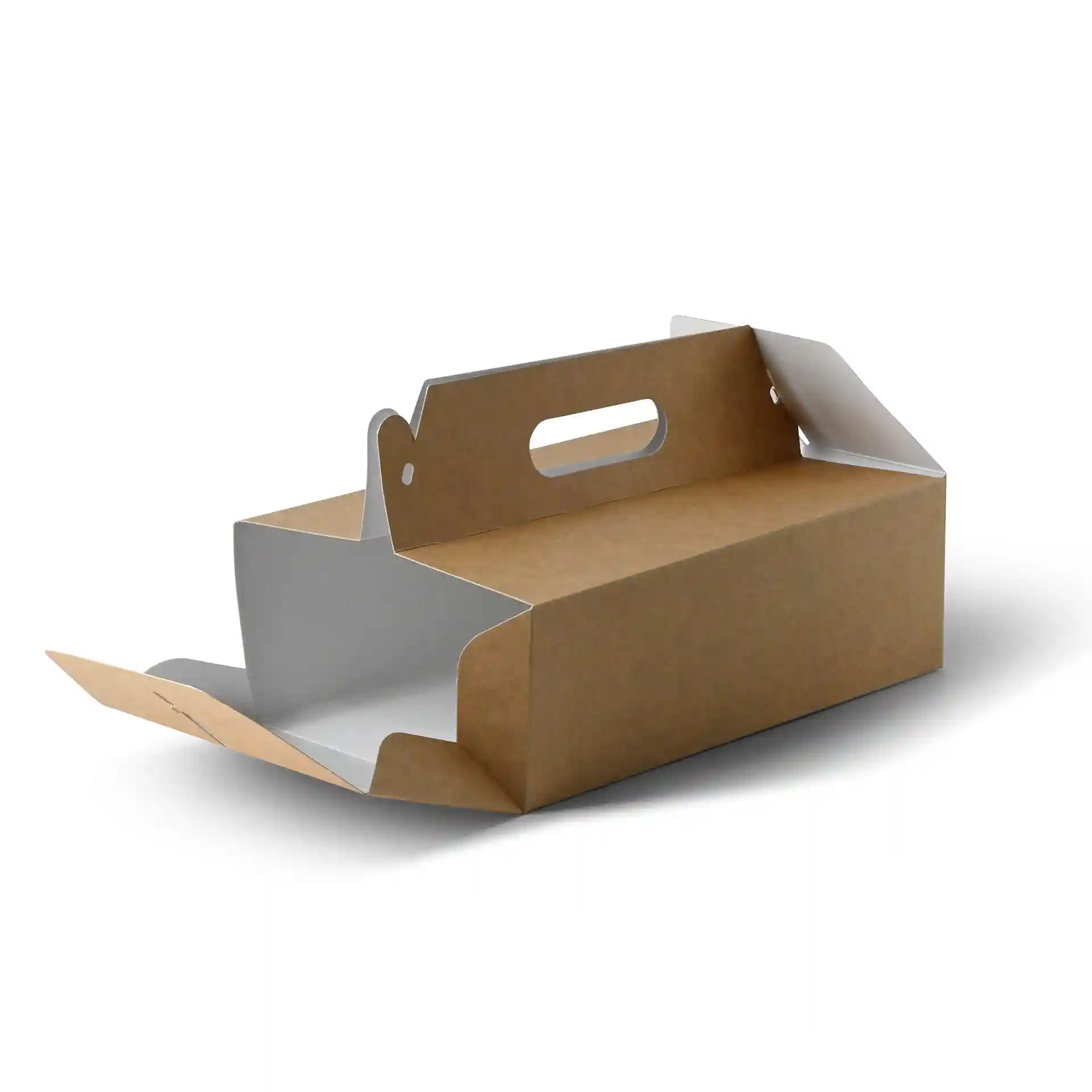 Foldable cardboard pastry box with handle, measuring 26 x 17 x 9 cm, shown in an open position.