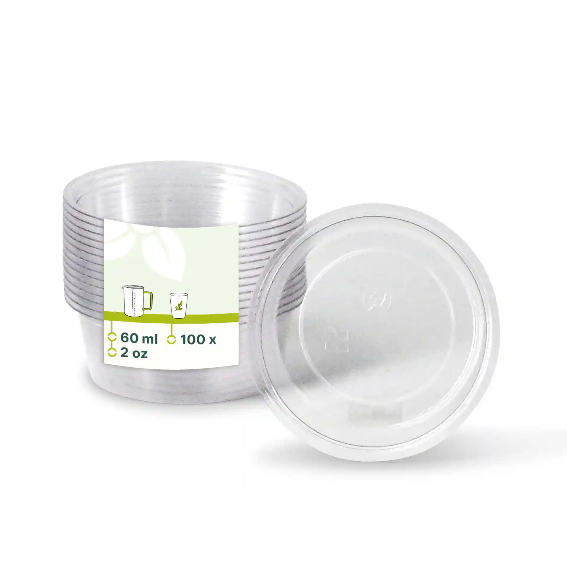 Transparente PLA-Becher mit einem Durchmesser von 70 mm, zeigen einen Stapel mehrerer Becher und einen Deckel.