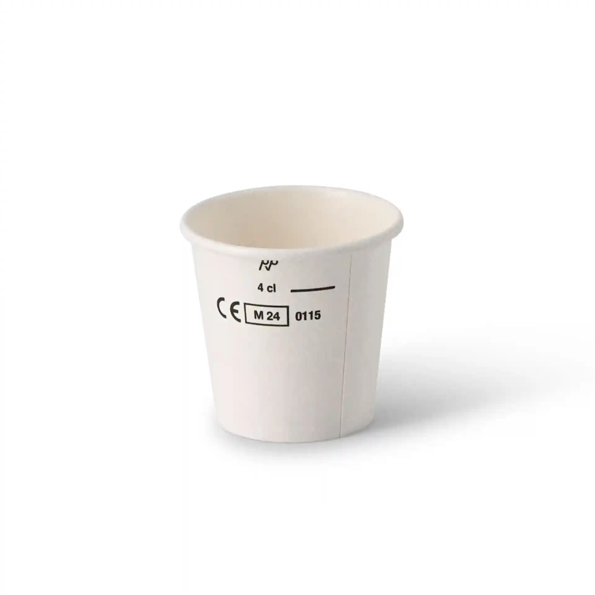 Weißer Becher mit einer Höhe von 49 mm und einem Durchmesser von 50,7 mm, mit einem bedruckten Etikett.