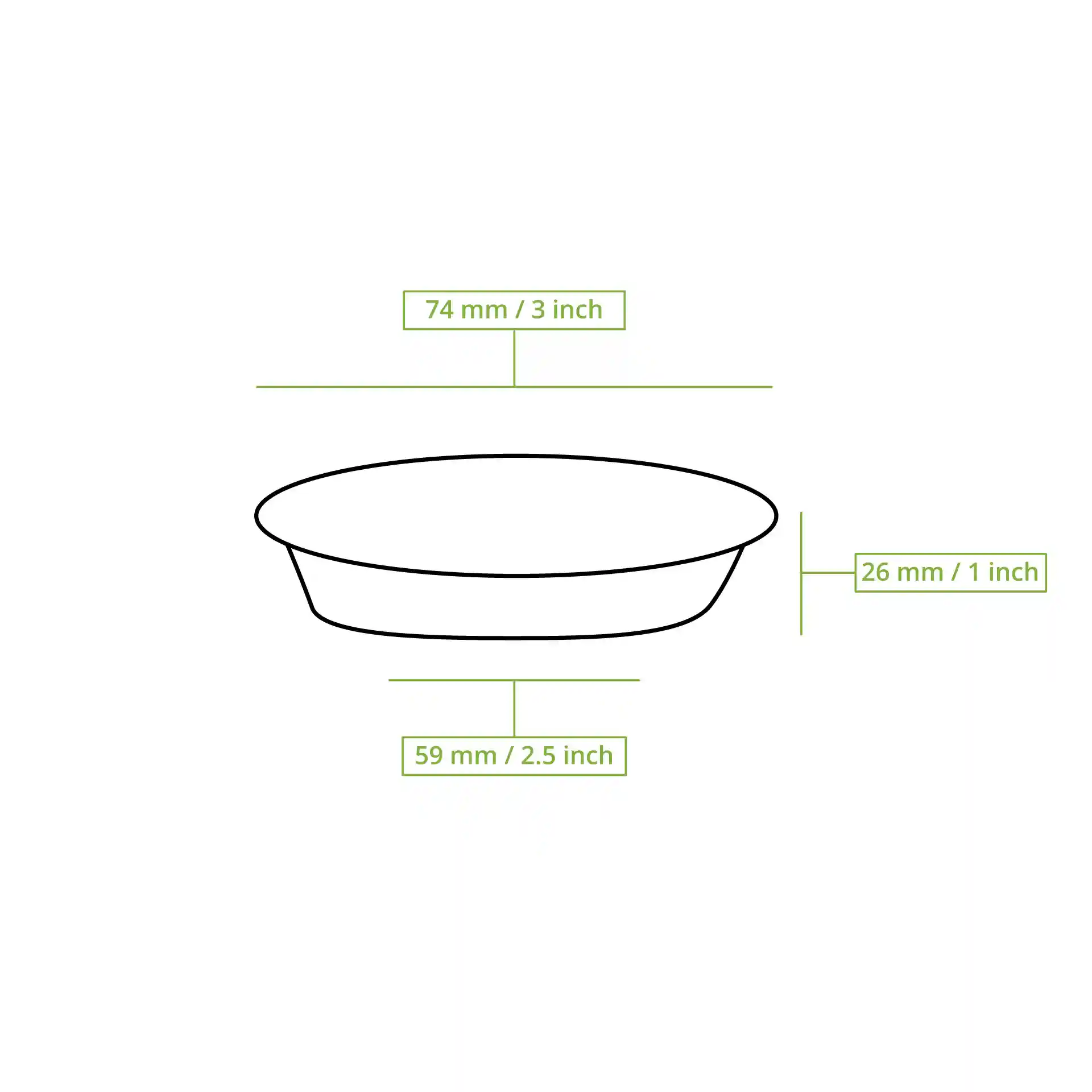 Schematische Zeichnung eines runden Dip-Pots mit Abmessungen: 75 mm Durchmesser, 26 mm Höhe und 59 mm Bodendurchmesser.
