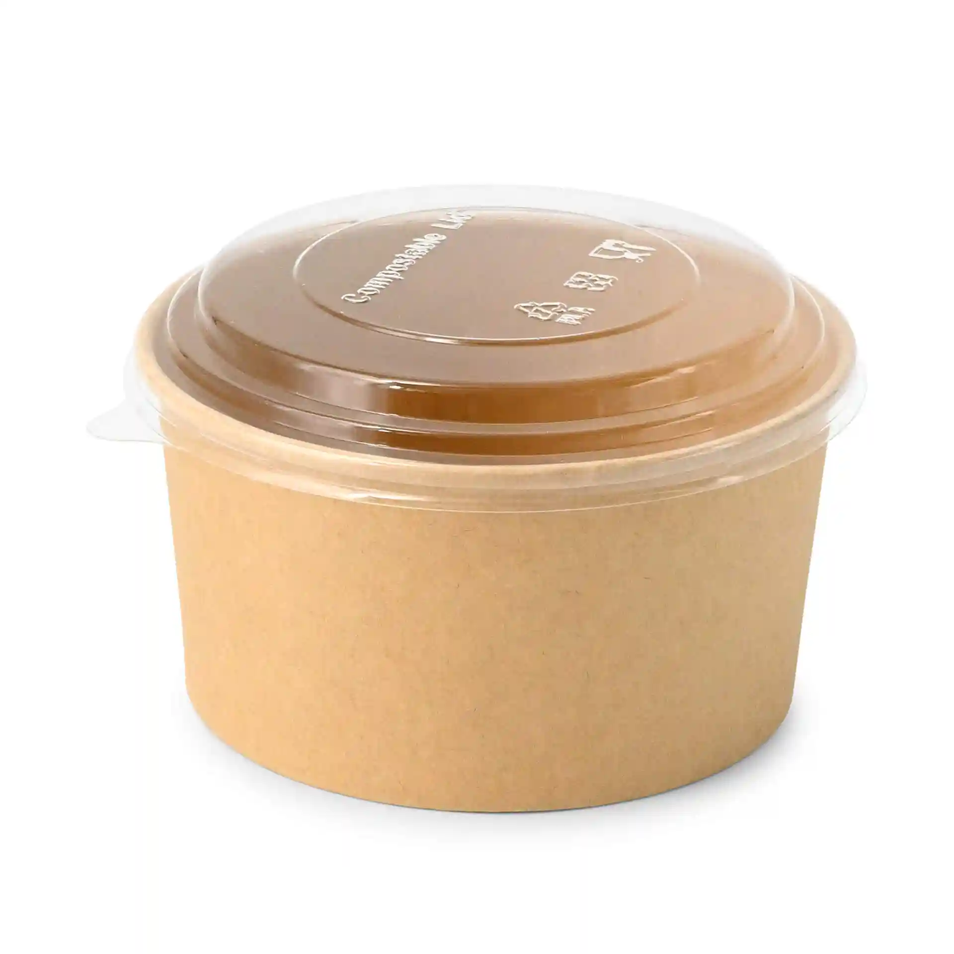 Brown cardboard bowl with a clear lid, round shape, 150 mm diameter, and 75 mm height.