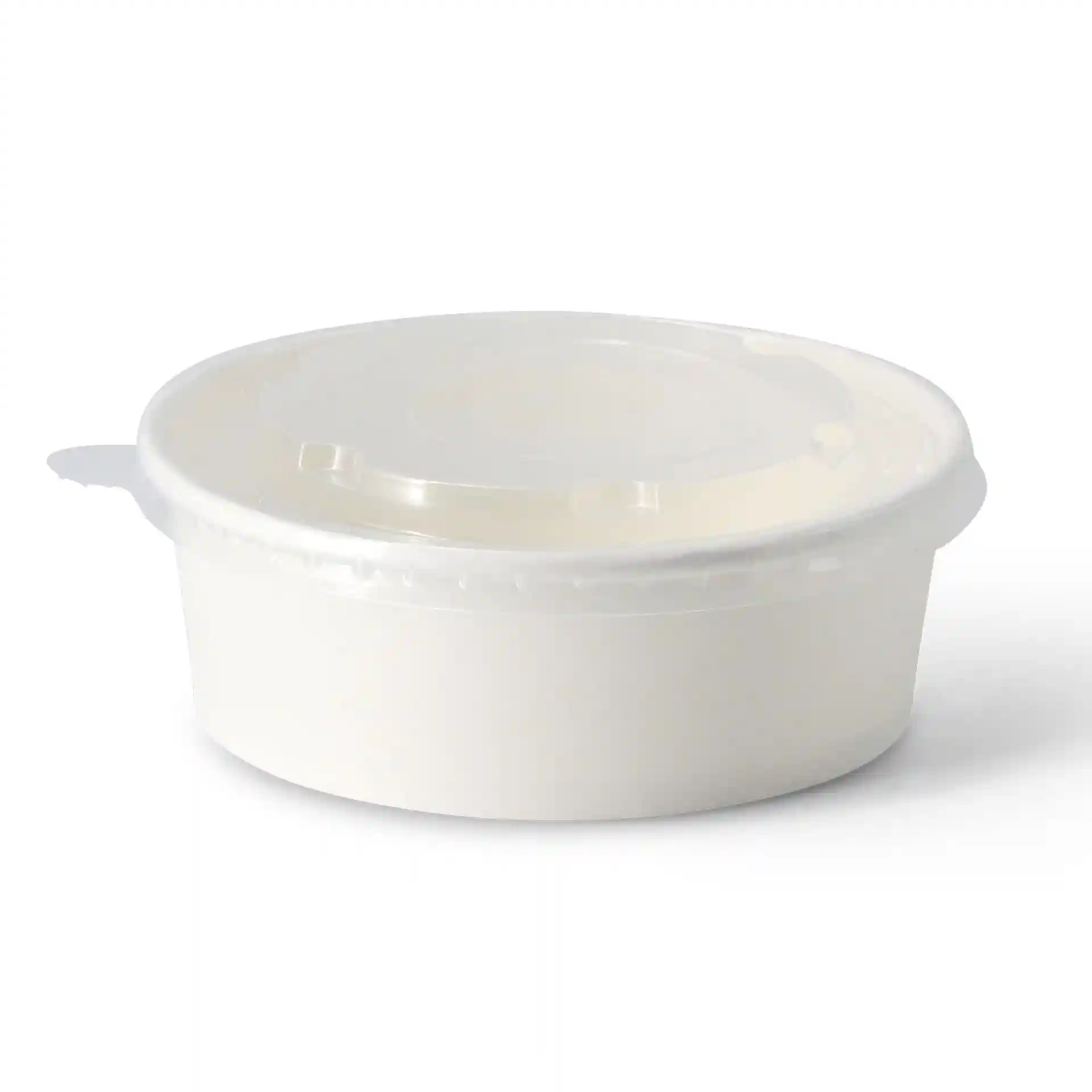 White round paper bowl with a coated surface and a lid, 150 mm diameter, 52 mm height.