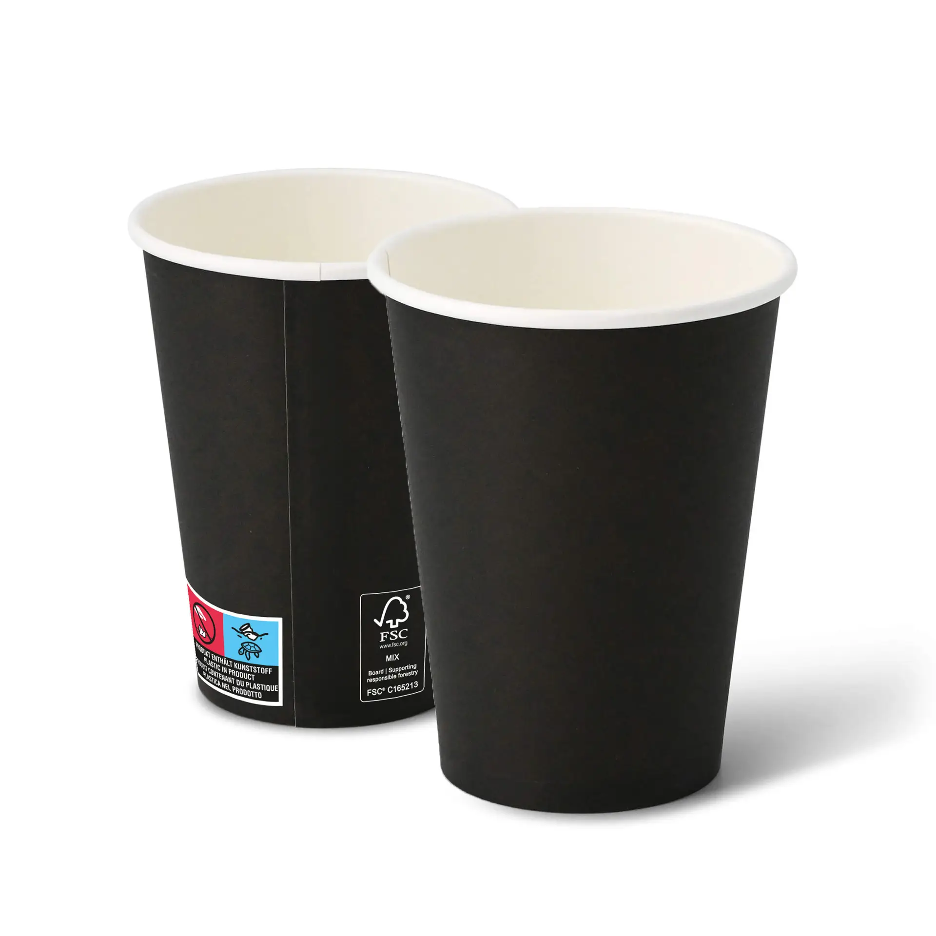 Two black 12 oz paper cups with a PE coating; one in focus with a visible label, the other slightly transparent.