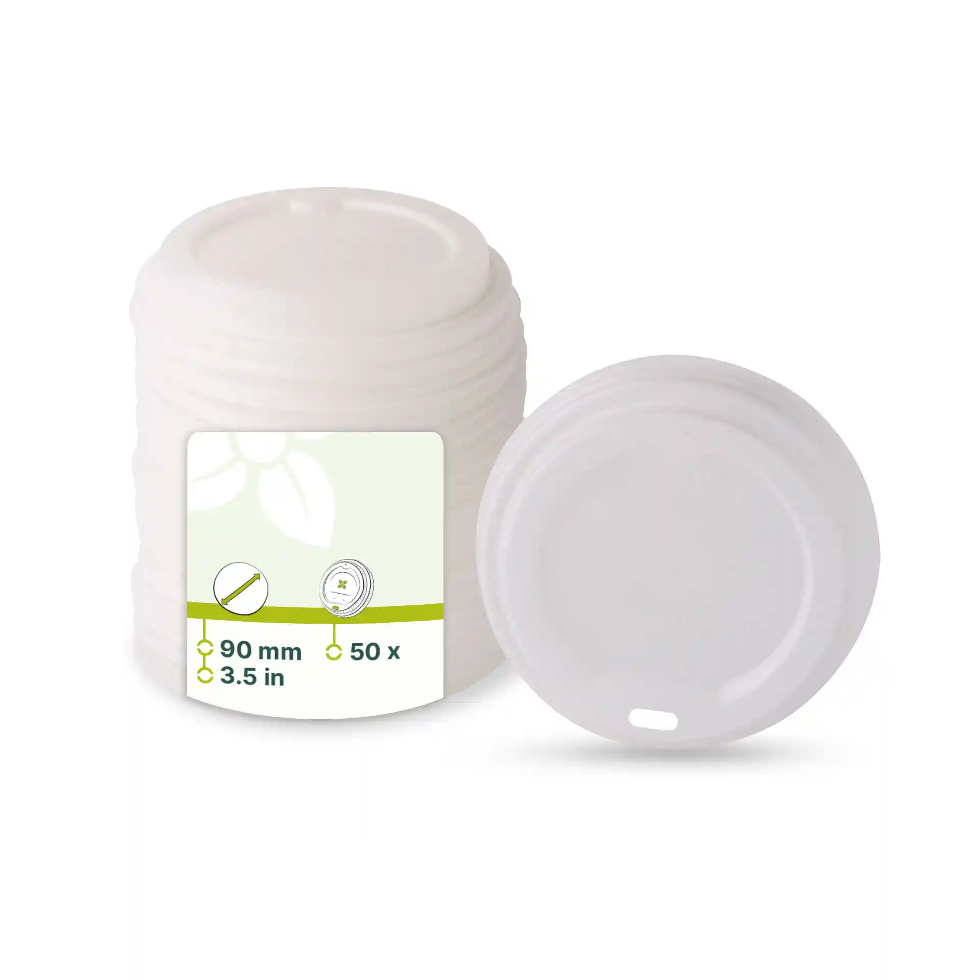 White CPLA lid with a drinking hole, 90 mm diameter, shown with a stack of multiple lids.