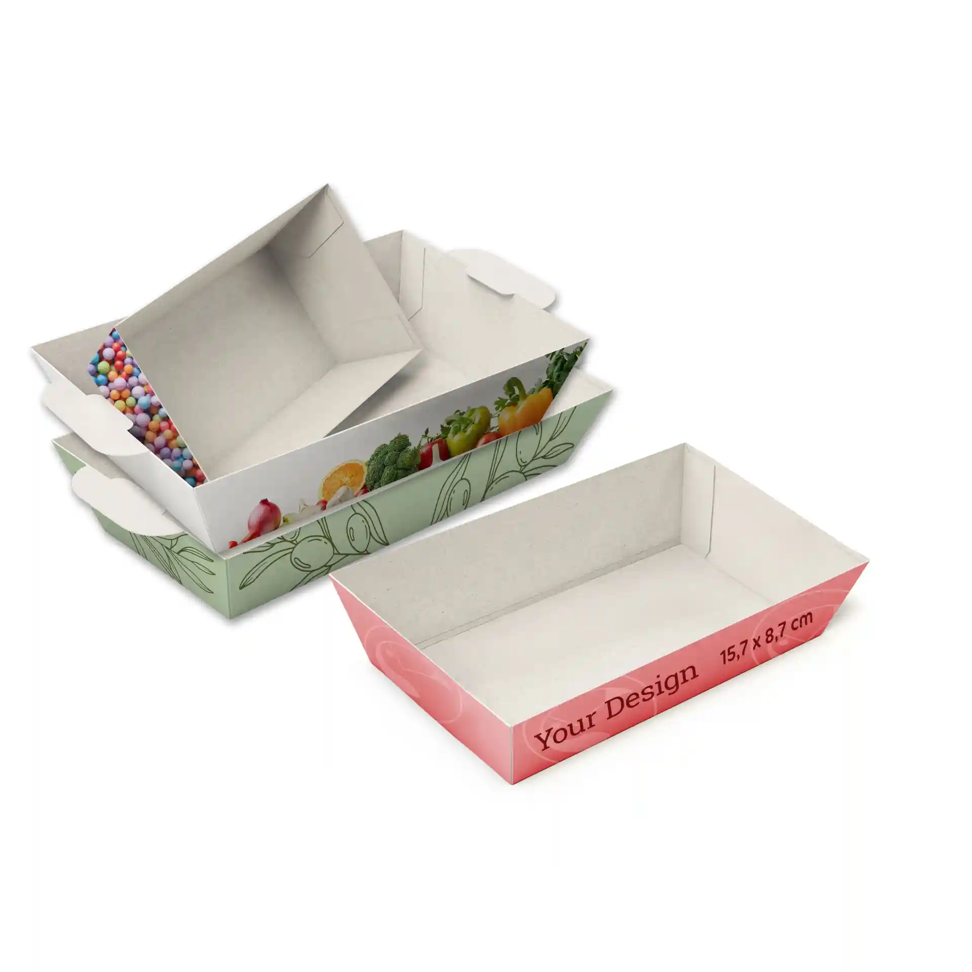 Bild von zwei rechteckigen weißen Snacktabletts, eines mit bunten Süßigkeiten und das andere mit einem Gemüsedesign, 15,7 x 8,7 cm groß.