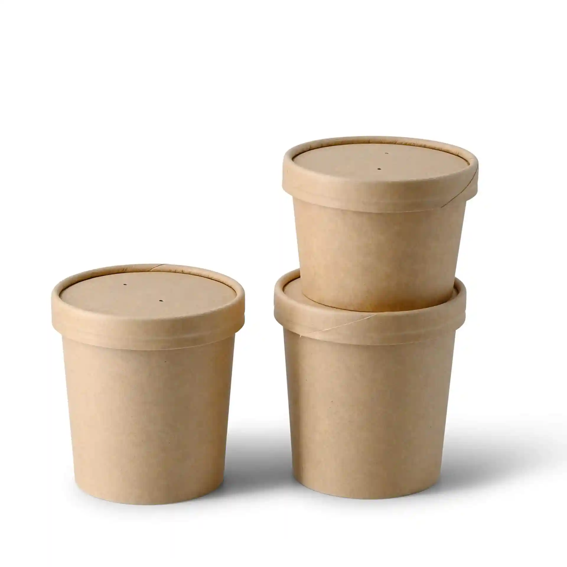 Three round brown cardboard soup cups with lids, each 300 ml capacity, stacked together.