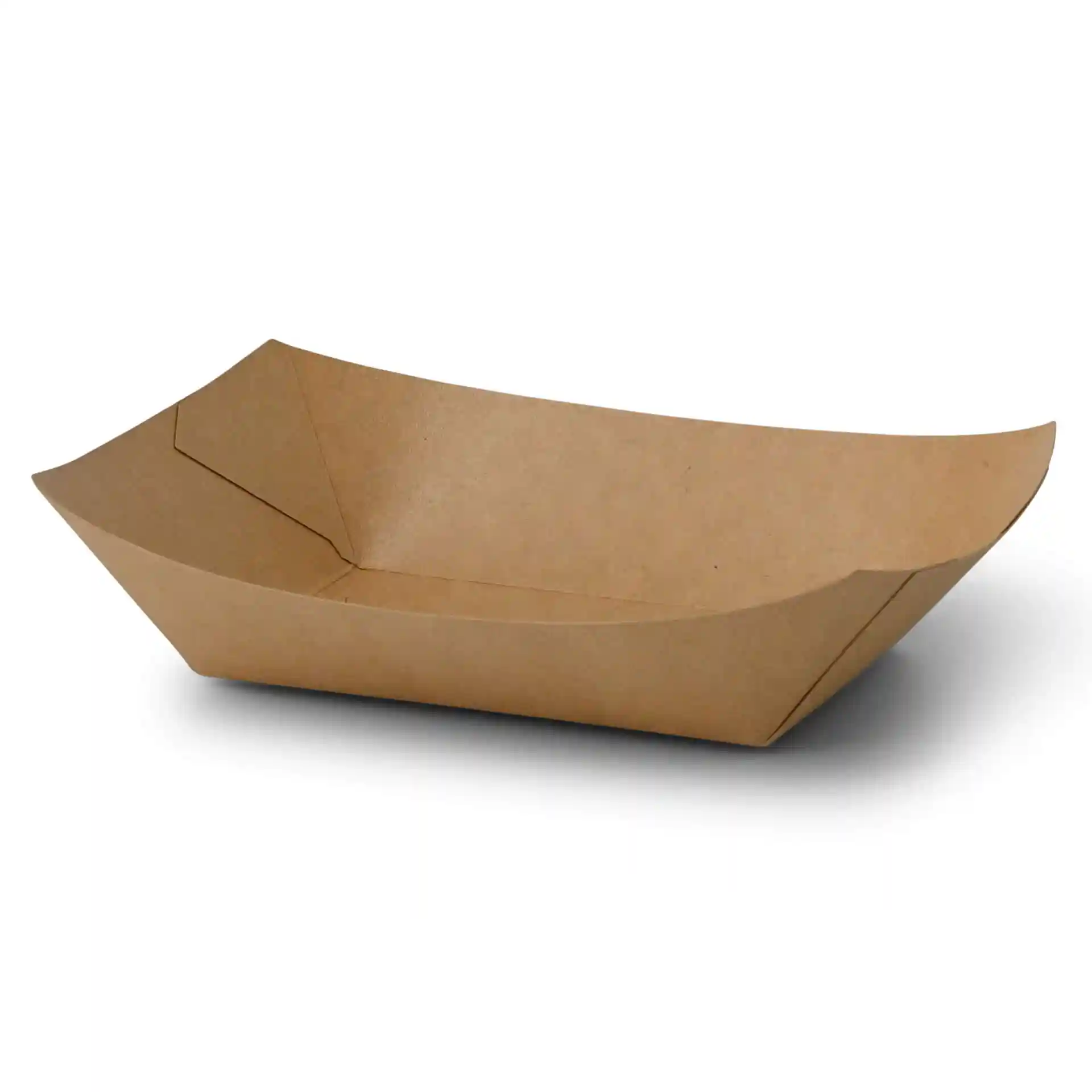 Braunes Papp-Snacktablett mit beschichteter Oberfläche, 19,5 x 14 x 4,5 cm groß.