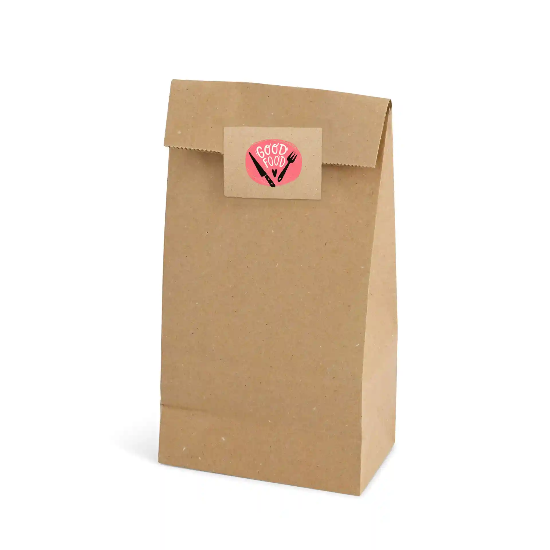 Brown kraft paper bag with a rectangular printed label featuring a design and text.