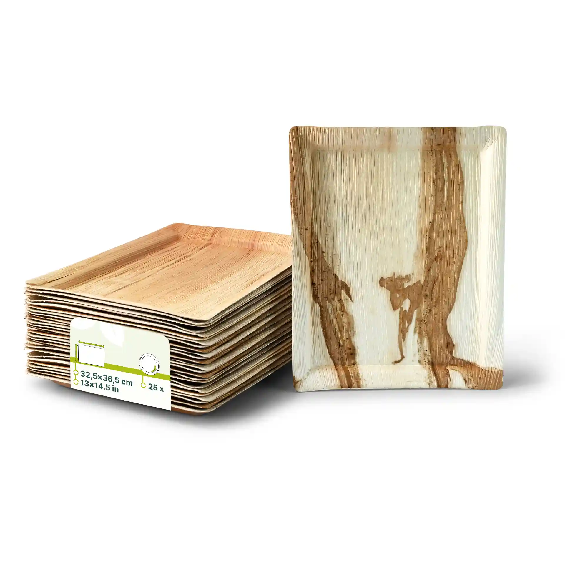 Stapel aus Palmblatt-Tabletts mit einem angezeigten Tablett, braunes, rechteckiges Design und flache Tiefe.