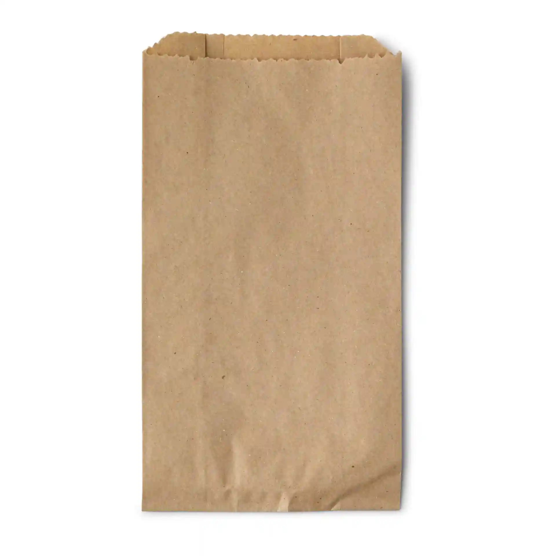 Brown flat paper bag, 10 x 5 x 19 cm, made of paper with a scalloped top edge.