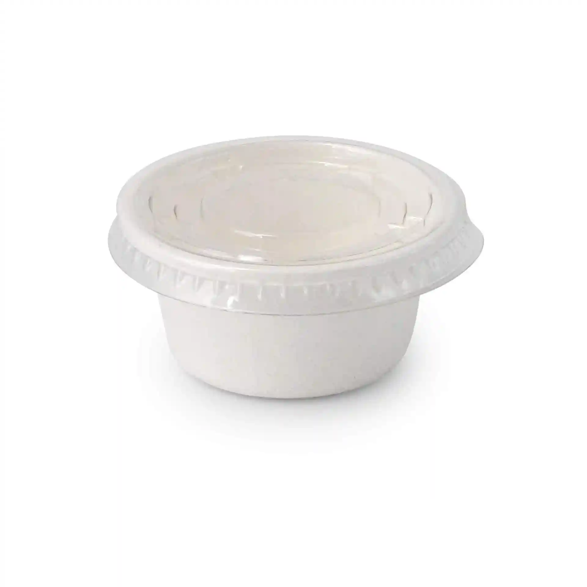 Runde Becher aus Bagasse mit einem Durchmesser von 62 mm und einer Höhe von 30 mm, für ein Füllvolumen von 50 ml.