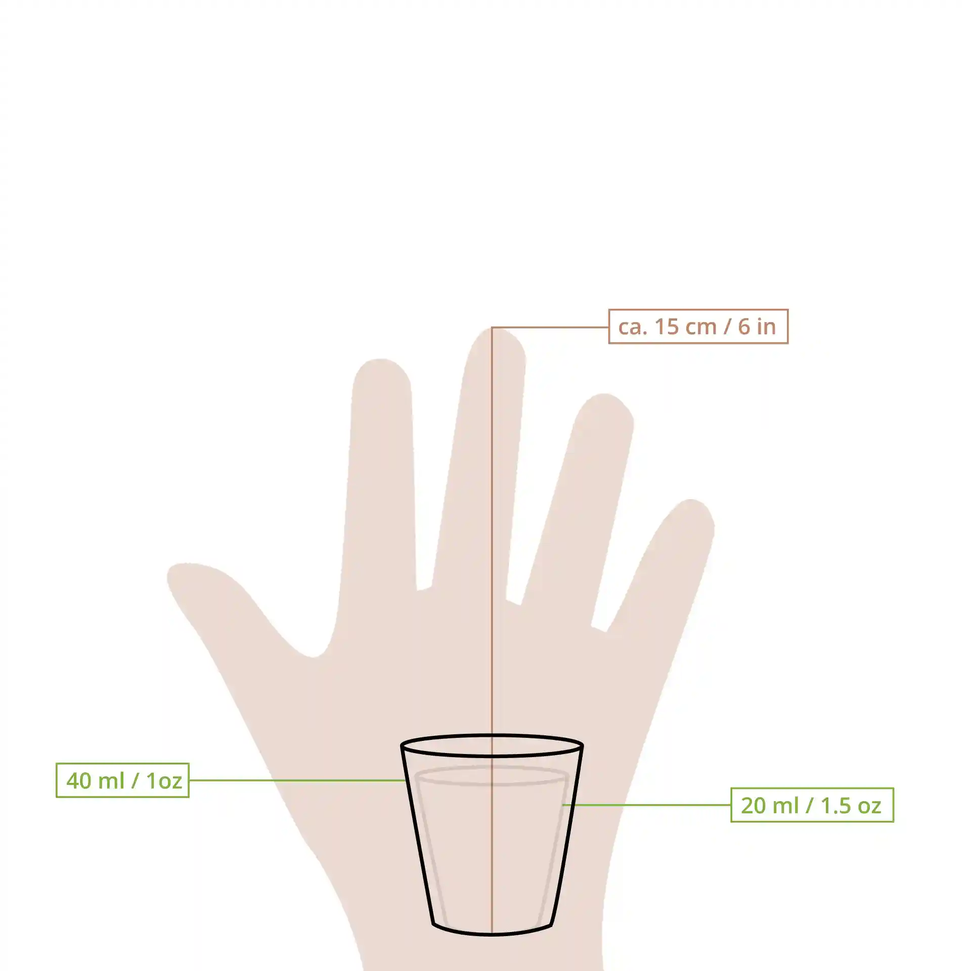 Schematic drawing of a paper shot cup on a hand, with dimensions and volume markings for reference.