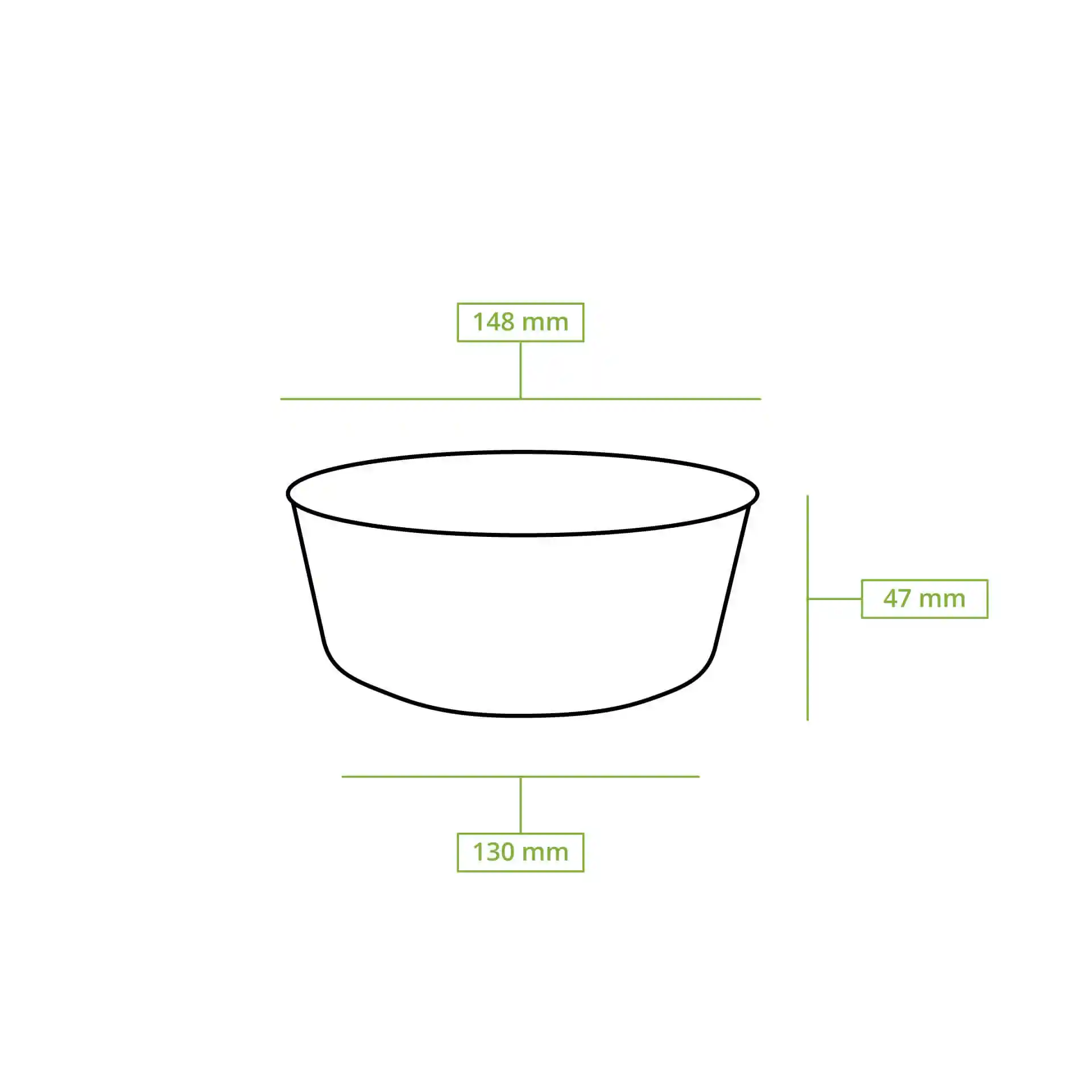 Schematic drawing of a round paper bowl with dimensions: 150 mm diameter, 52 mm height, and 128 mm bottom diameter.