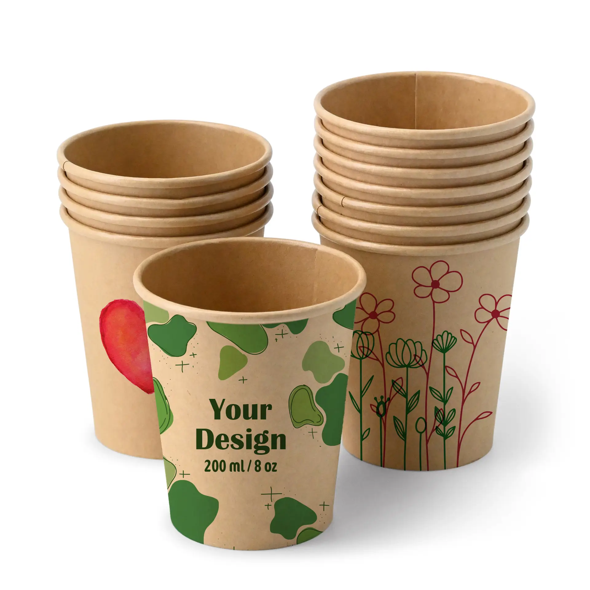 Paper cups with logo (single-wall), 200 ml / 8 oz, brown, PE coated Paper cups with logo (single-wall), 200 ml / 8 oz, brown, PE coated