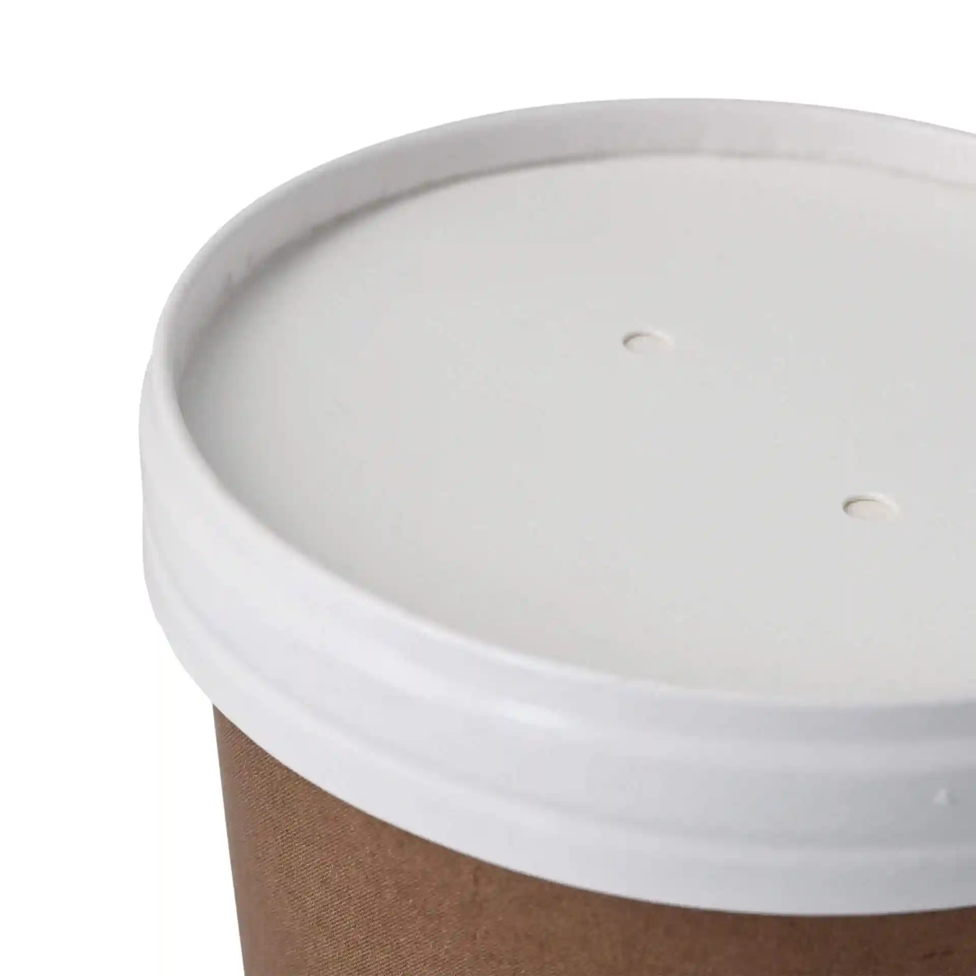 White cardboard lid with a round shape and two small holes on top, designed for a container with a 98 mm diameter.