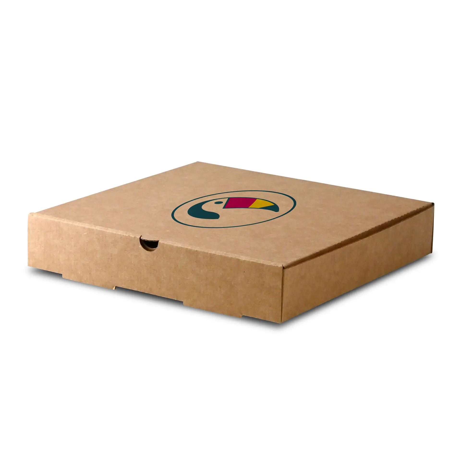 Brown pizza box with a circular logo featuring a toucan design, measuring 26 x 26 x 4 cm.