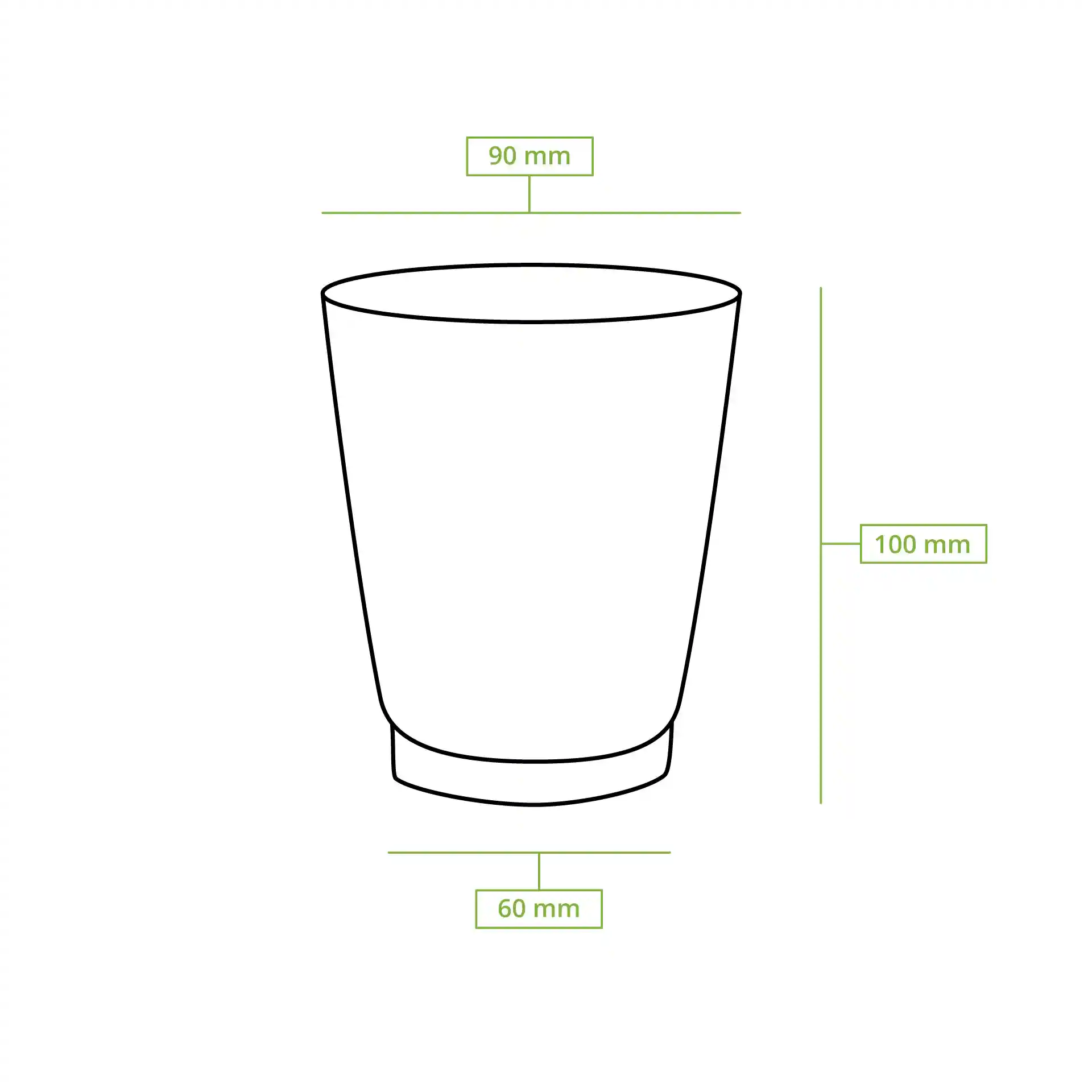 Schematic drawing of a round ripple coffee cup with dimensions: height 95 mm, top diameter 90 mm, bottom diameter 60 mm.