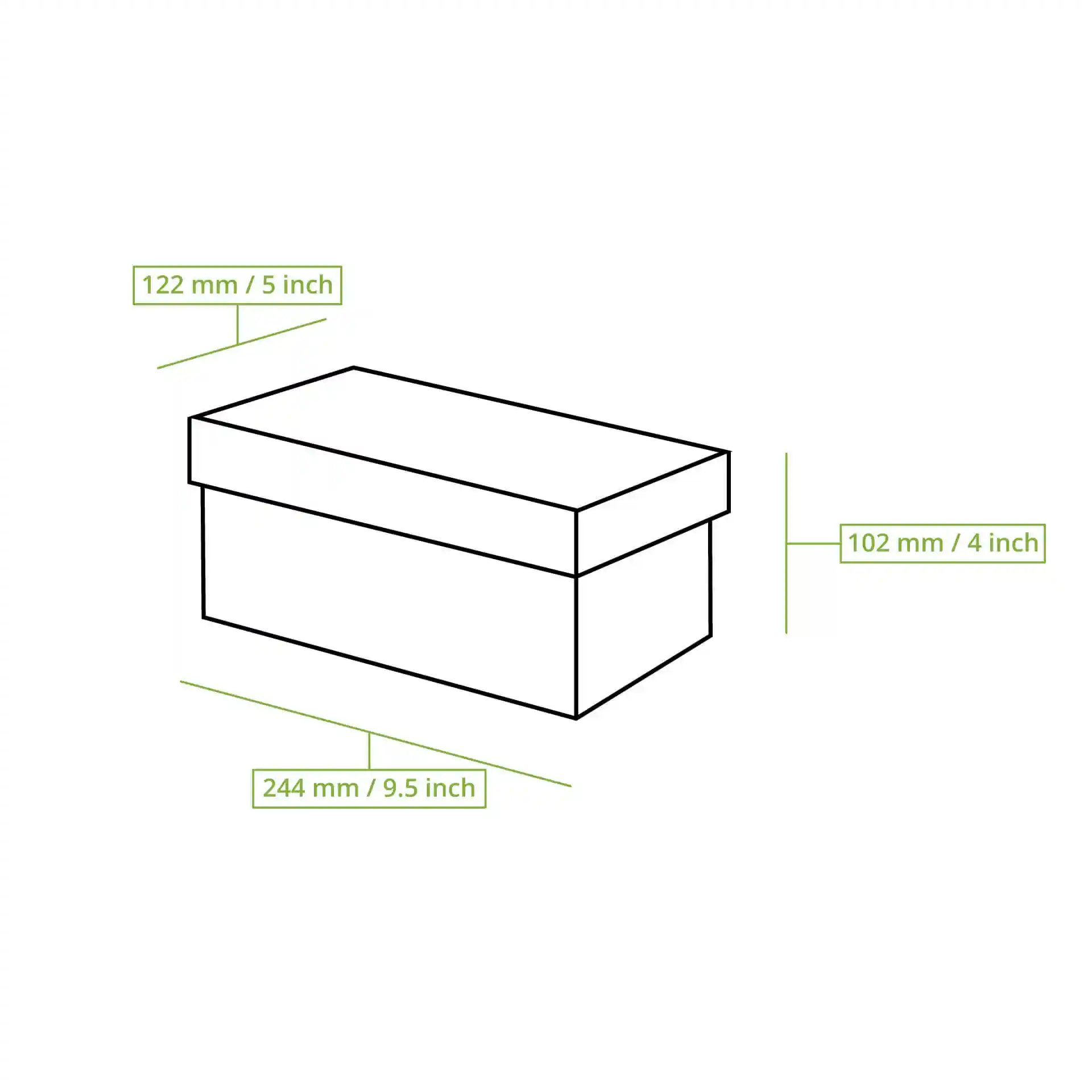Schematic drawing of a rectangular takeaway double burger box with dimension lines indicating height, length, and width.