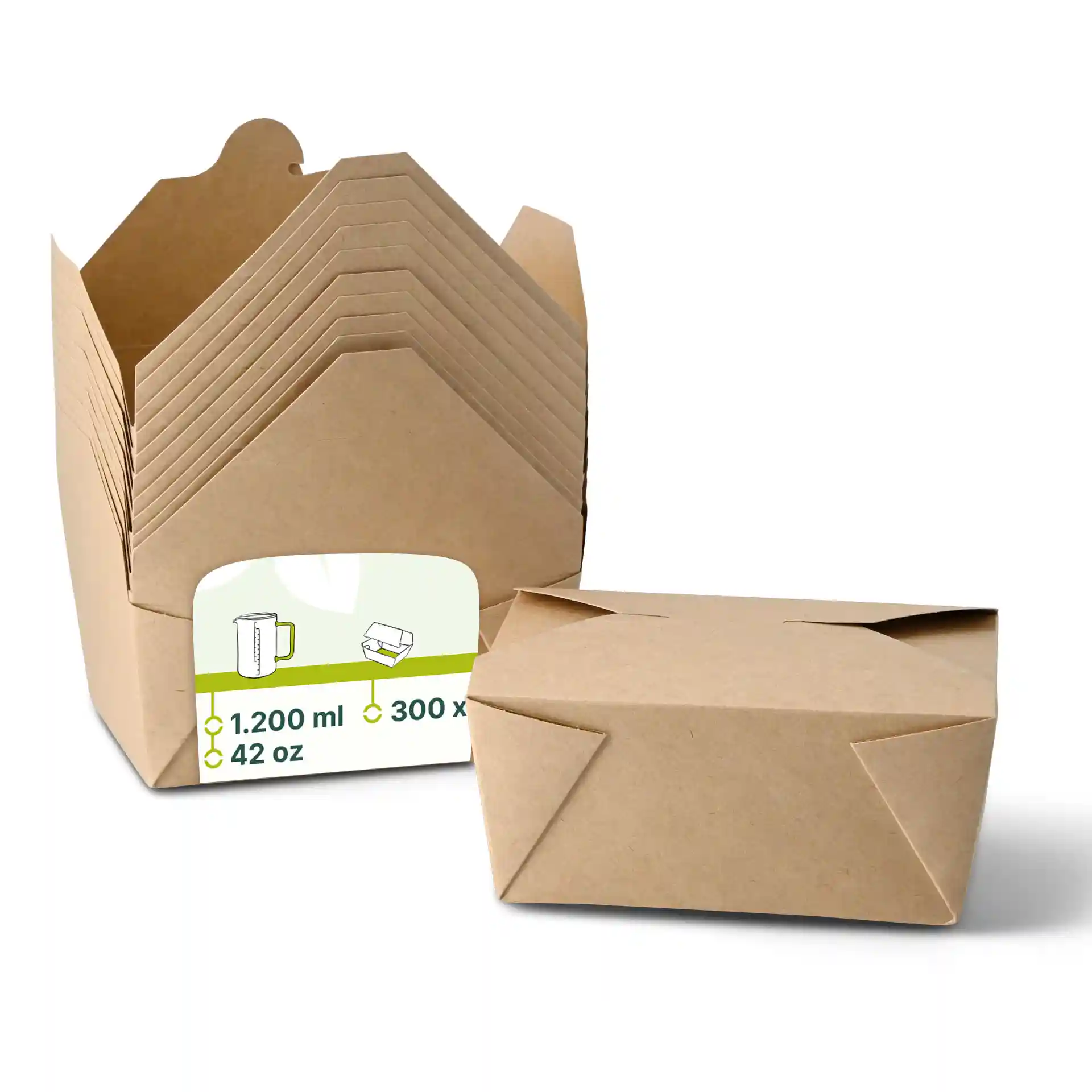 Brown takeaway containers stacked, with one container in front, showing a label with volume details.