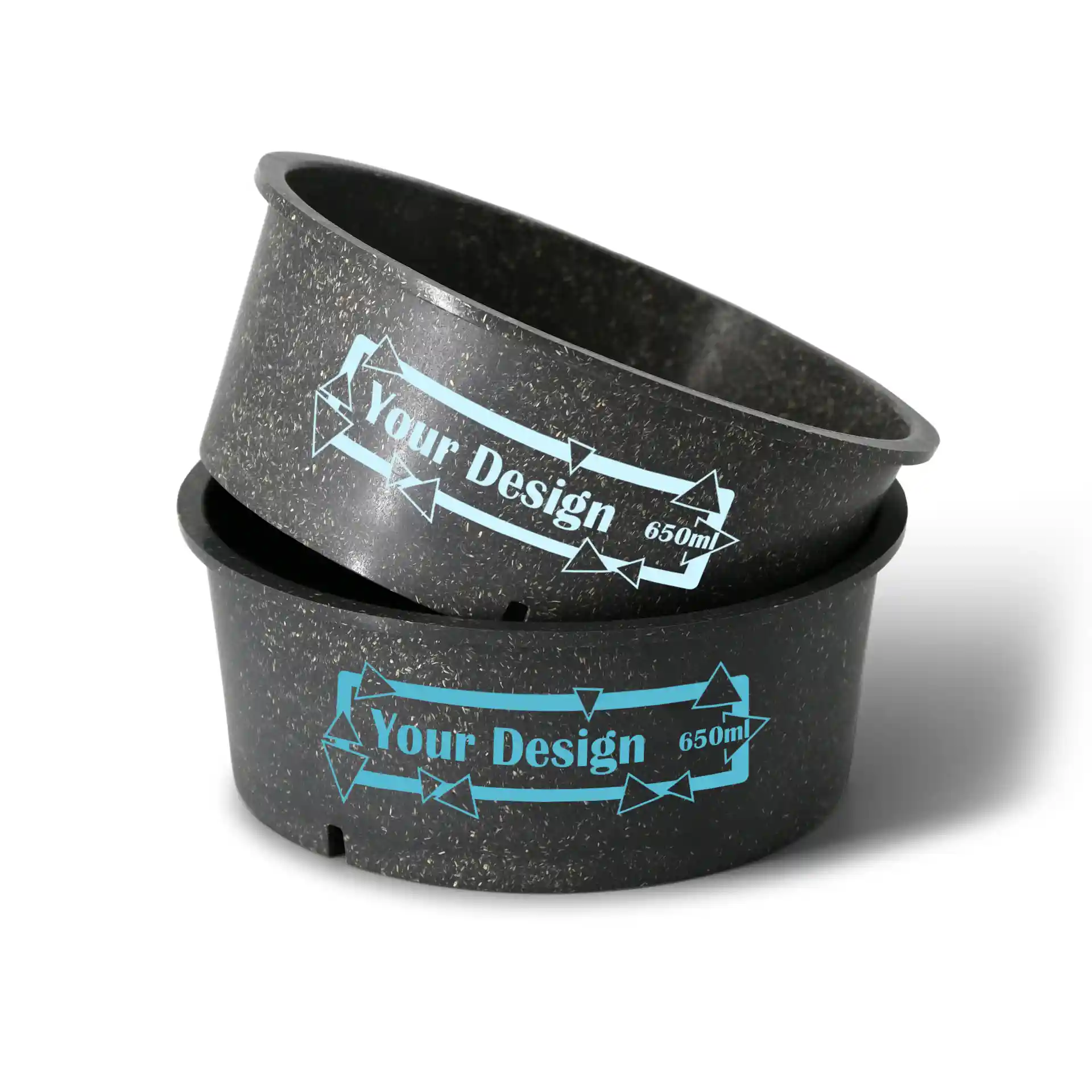 Round reusable bowl in grey, 650 ml capacity, with a printed design and dimensions of 150 mm diameter at the top.