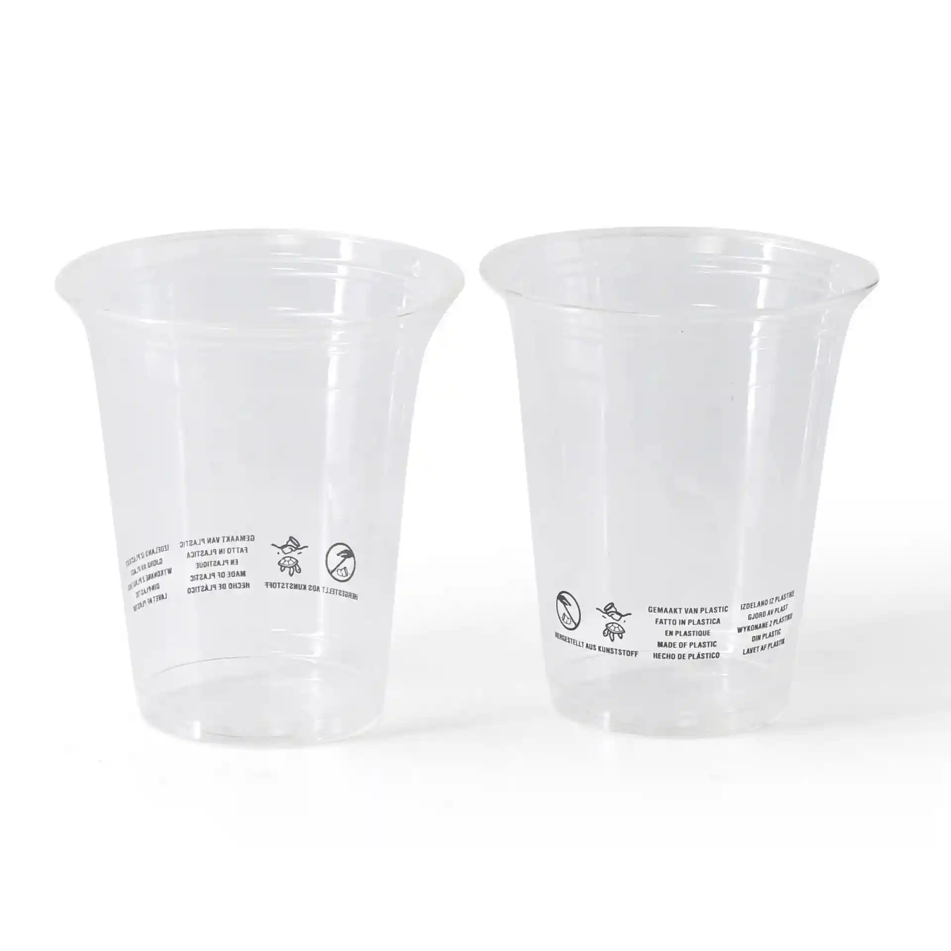 Clear PLA plastic cups, 300 ml capacity, with visible markings on the sides, two cups shown.