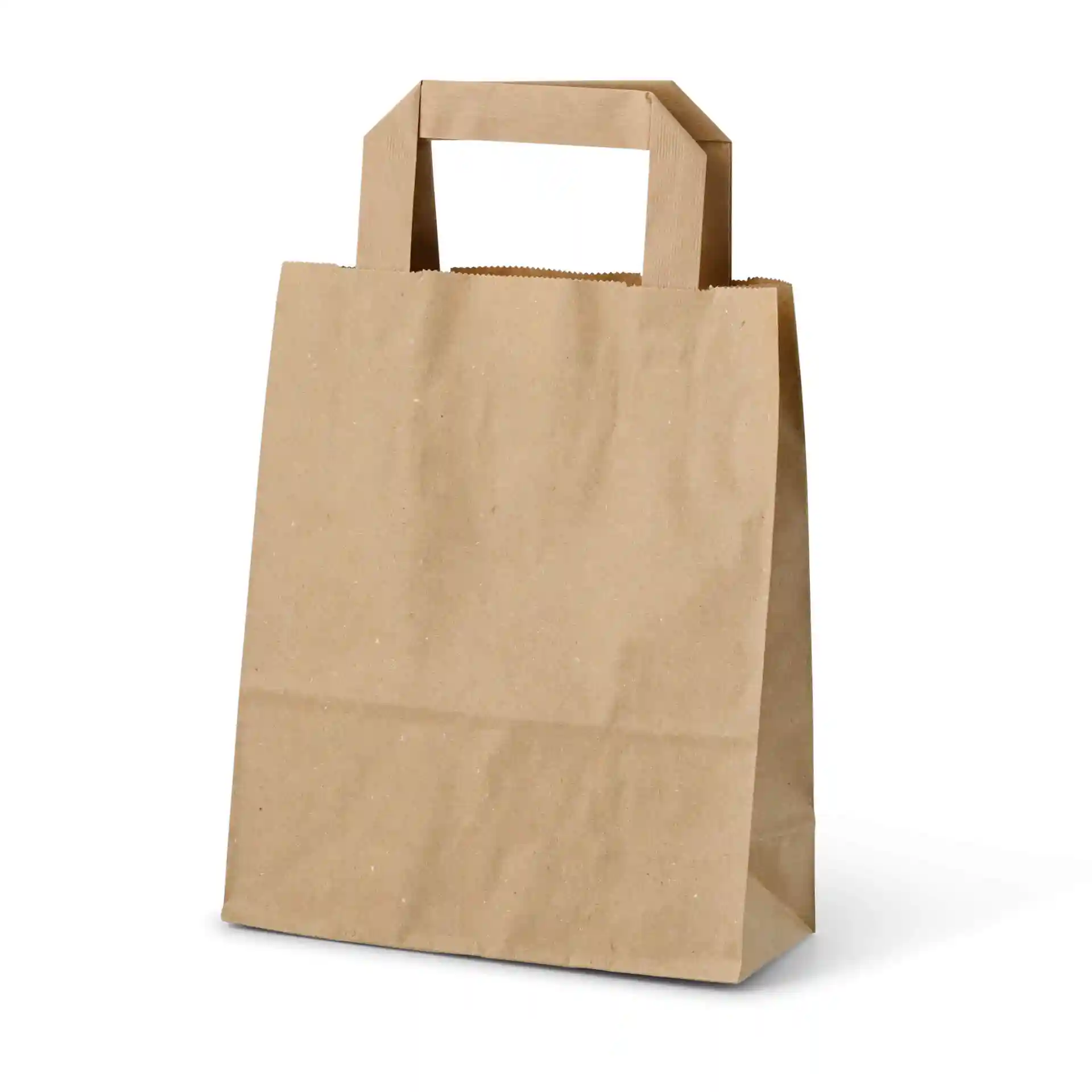 Braune Papiertasche mit rechteckiger Form und zwei oberen Griffen, Maße 18 x 8 x 22 cm.