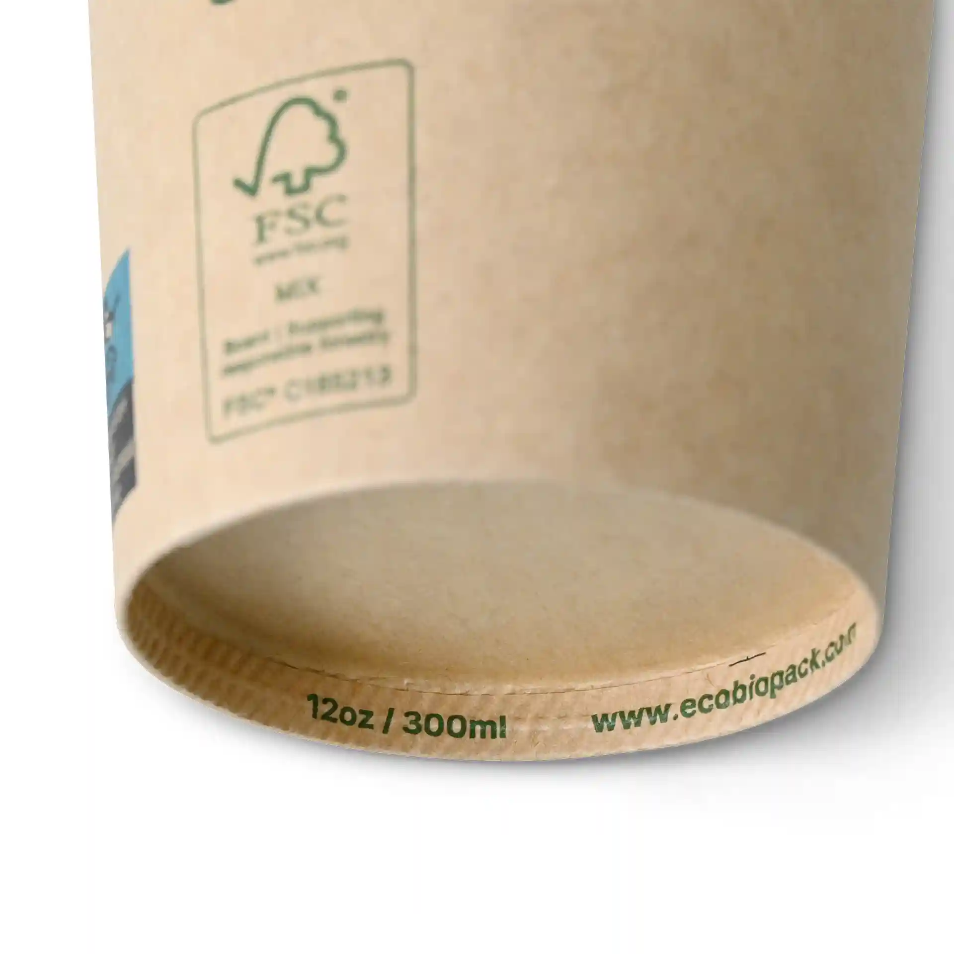 Brown paper cup with a diameter of 90 mm, showing a PLA coating and markings for volume and website.