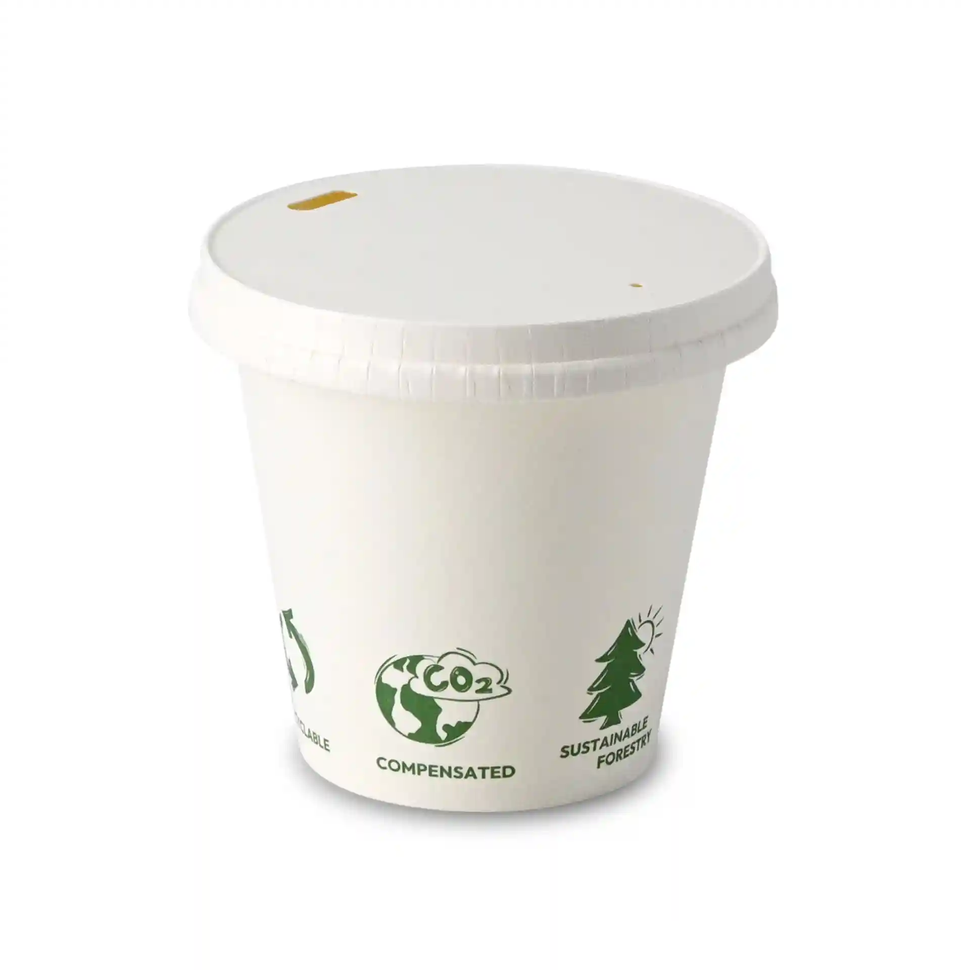 White paper cup with a diameter of 80 mm, featuring EcoUp© icons and a PLA-coated surface.