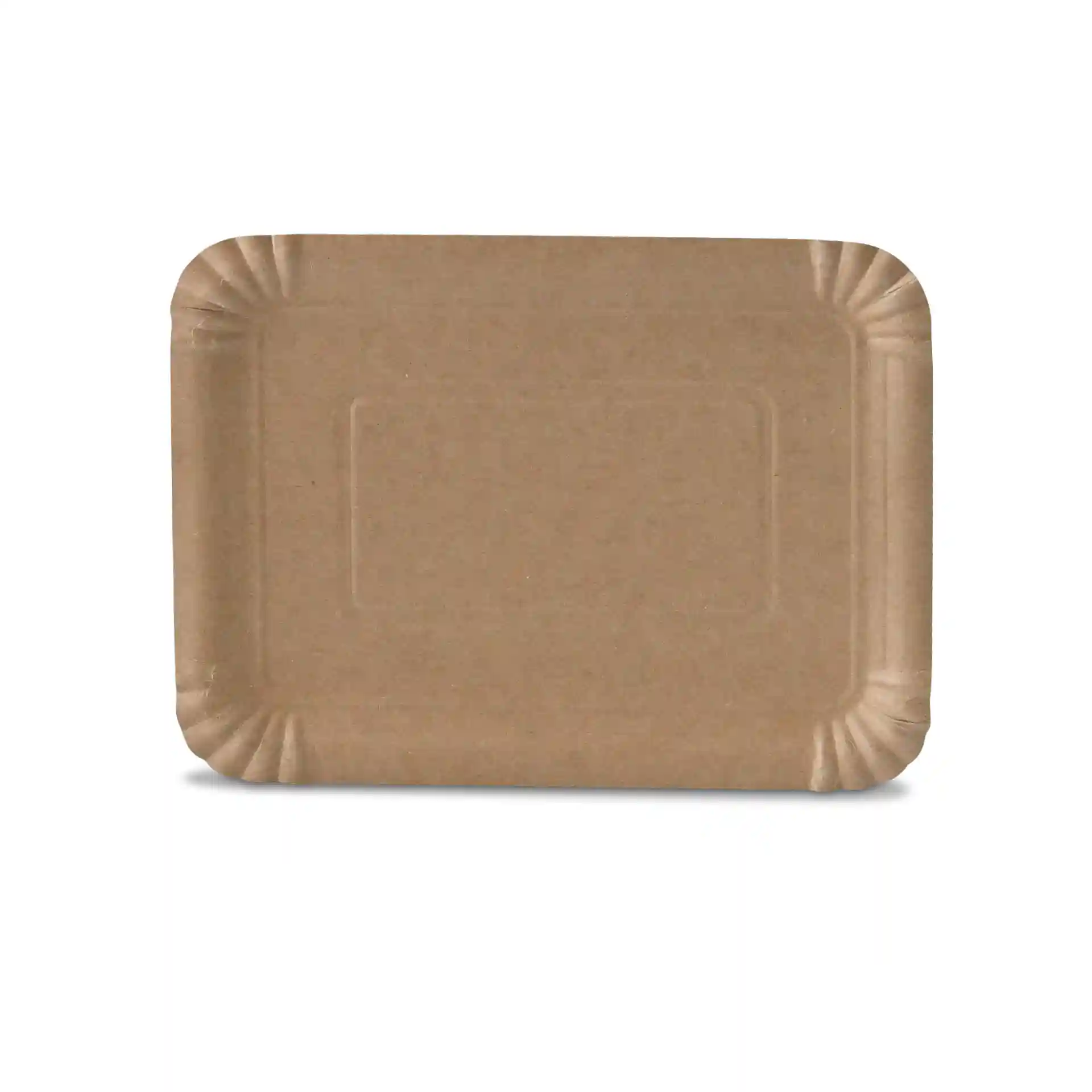 Brown rectangular cardboard plate measuring 17 x 23 cm with a shallow design and no coating.