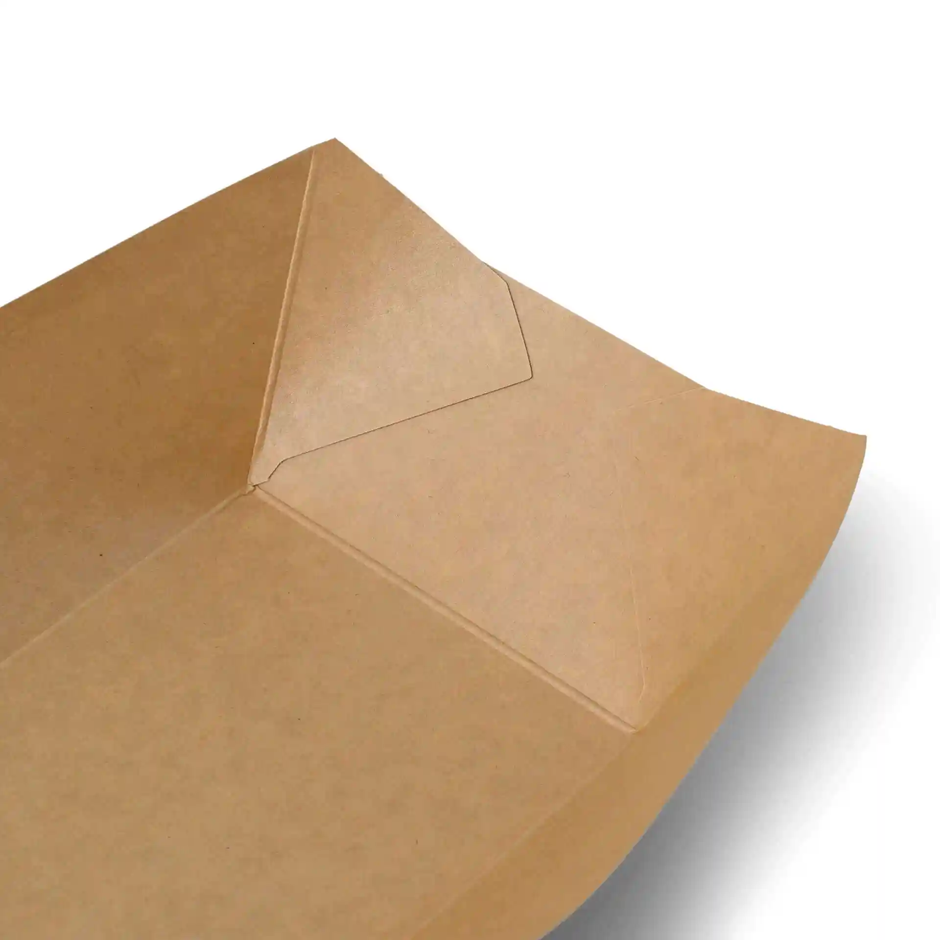 Brown cardboard snack tray with a folded edge, showing the interior and exterior surfaces.