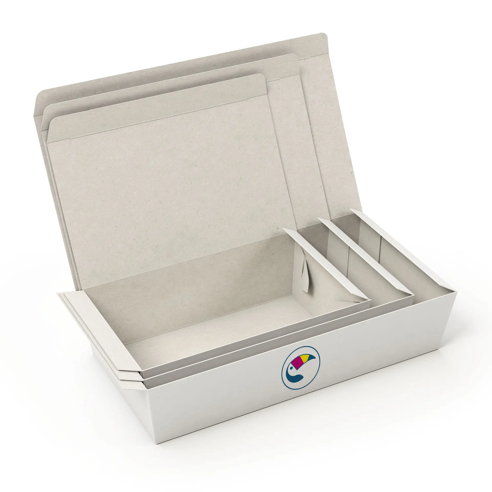 Custom printed snack box in white, featuring a reclosable lid; multiple sizes available for various snacks.